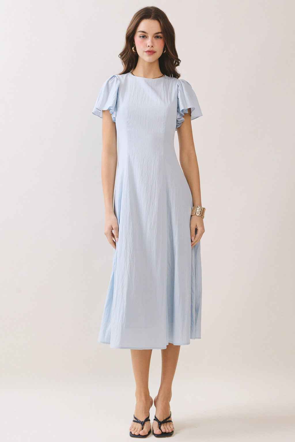 Flutter Short Sleeves Flowy Hem Midi Dress