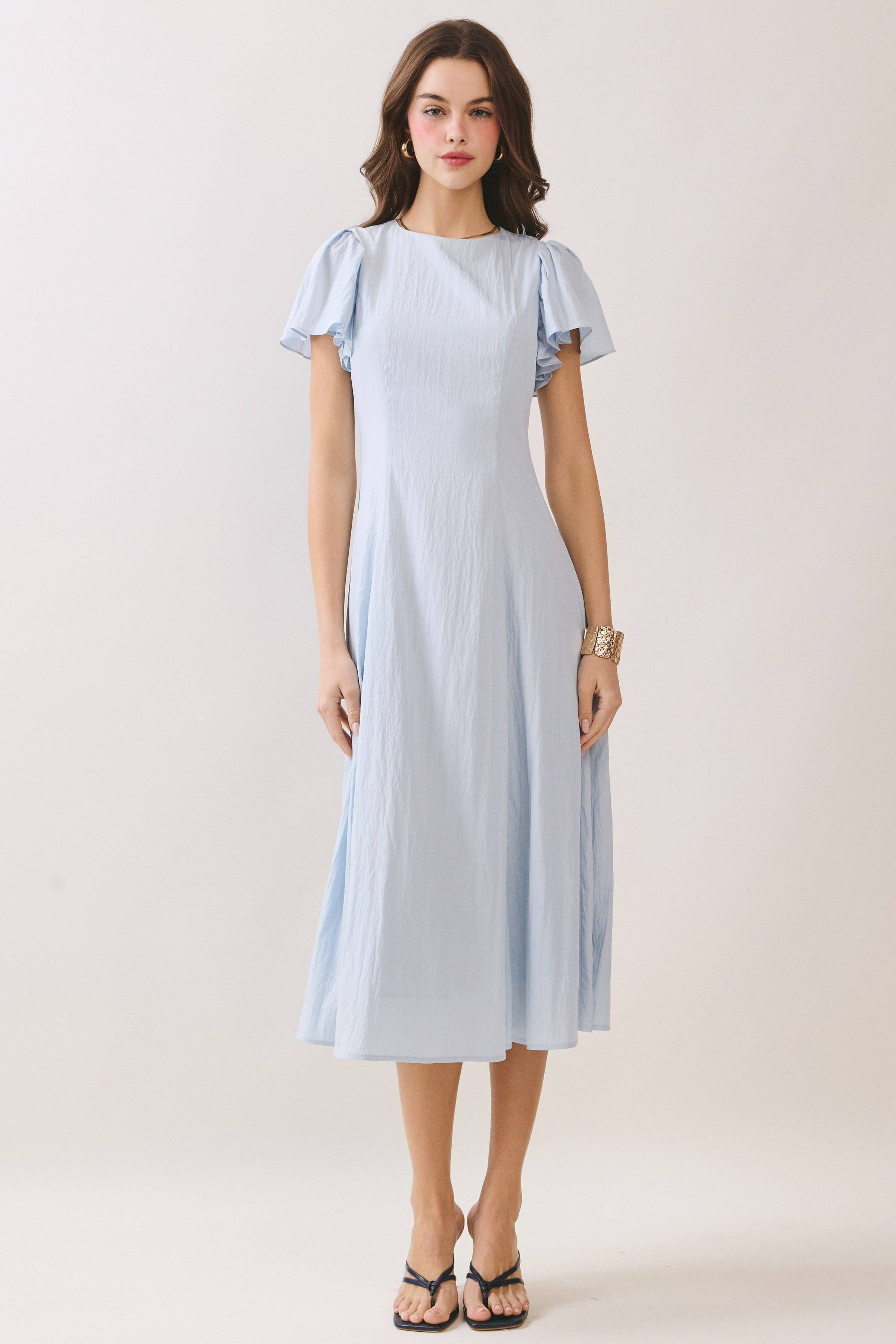 Flutter Short Sleeves Flowy Hem Midi Dress