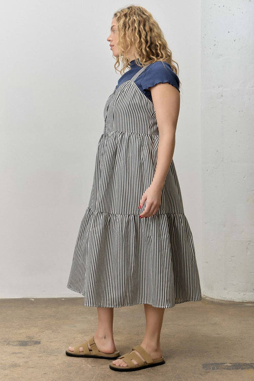 (Plus) Striped Tiered Midi Pinafore Dress