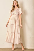 Embroidered Floral Print Maxi Tiered Dress