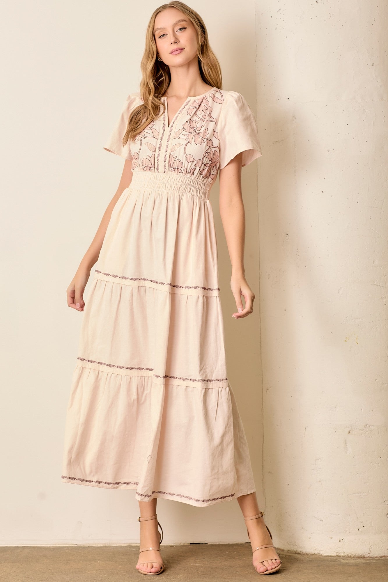 Embroidered Floral Print Maxi Tiered Dress