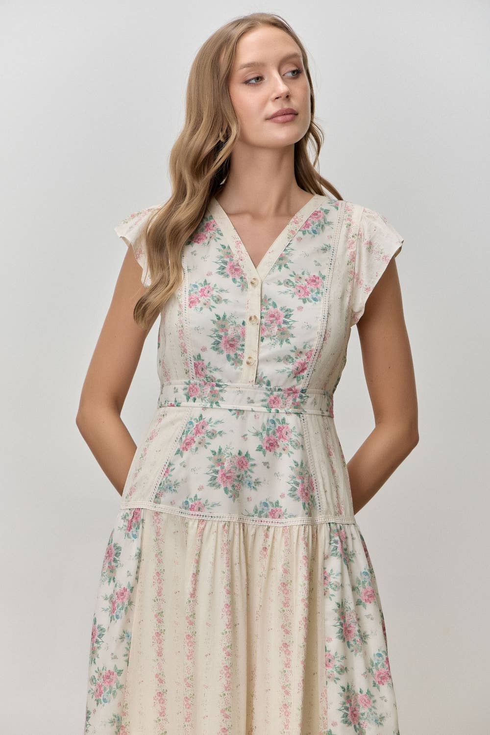 Mixed Floral Print V-neck Midi Dress