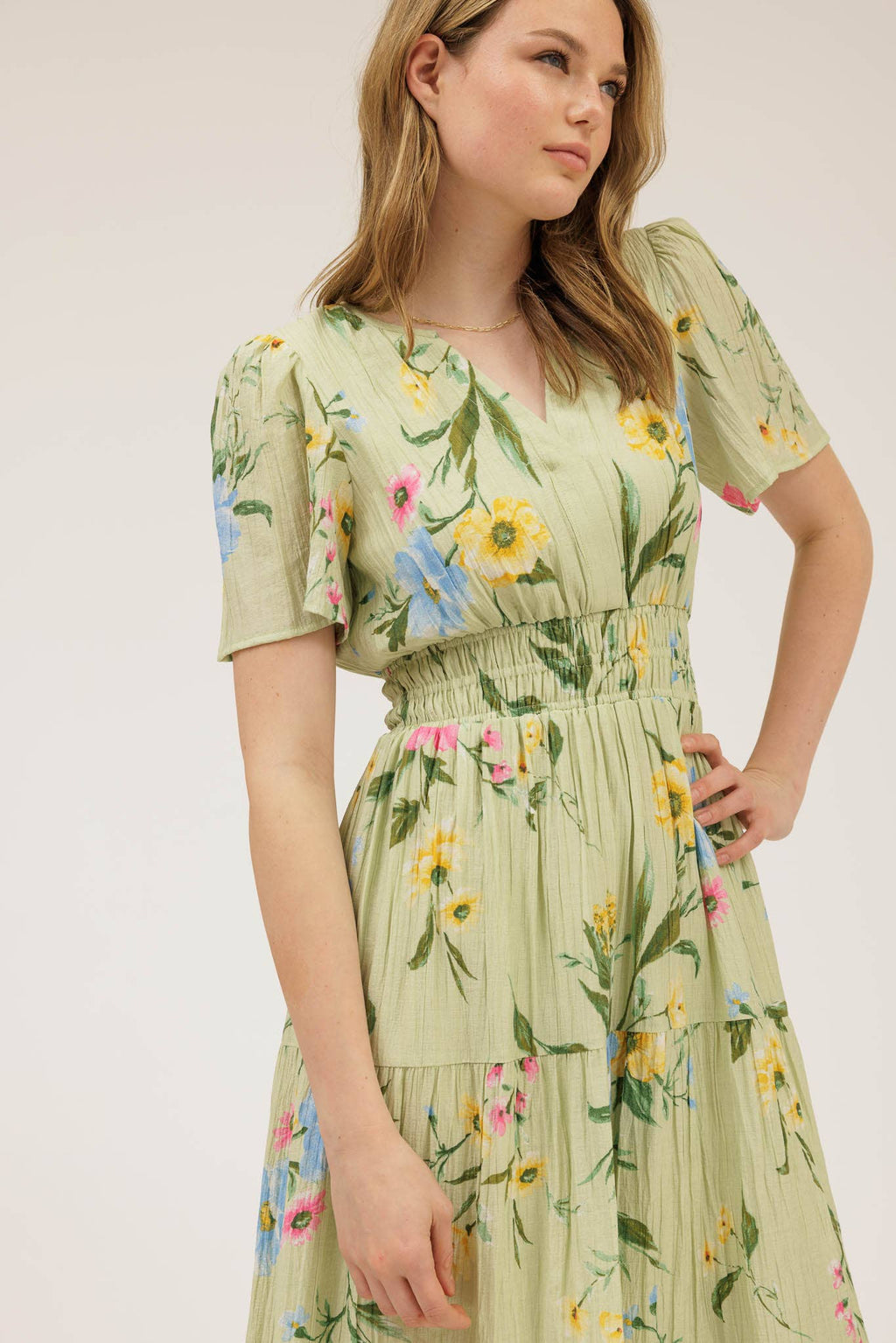 Floral Short Sleeve Tiered Midi Dress