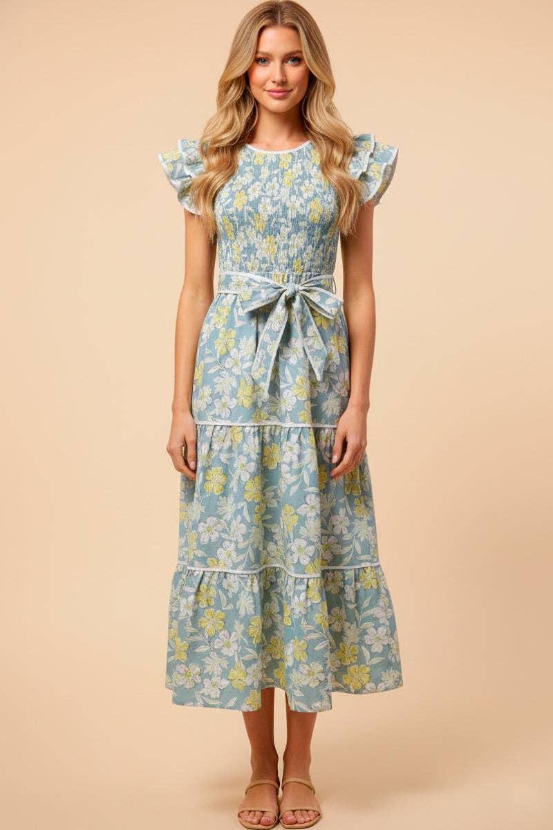 Womens Floral Self Belted Ruffled Sleeve Dress