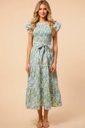 Womens Floral Self Belted Ruffled Sleeve Dress