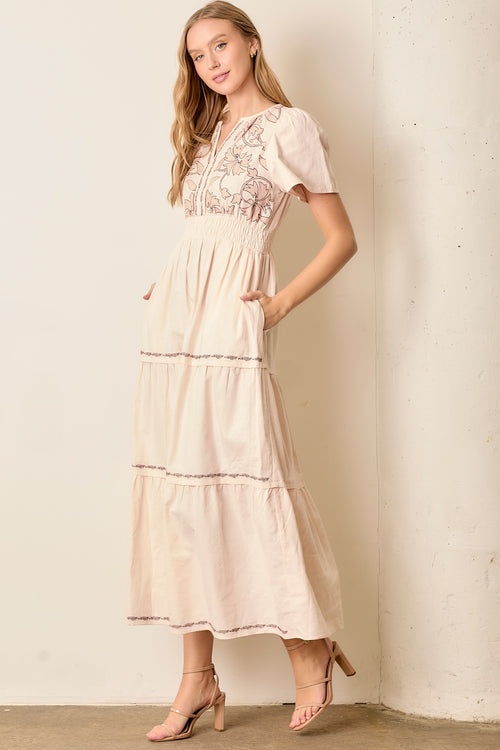 Embroidered Floral Print Maxi Tiered Dress