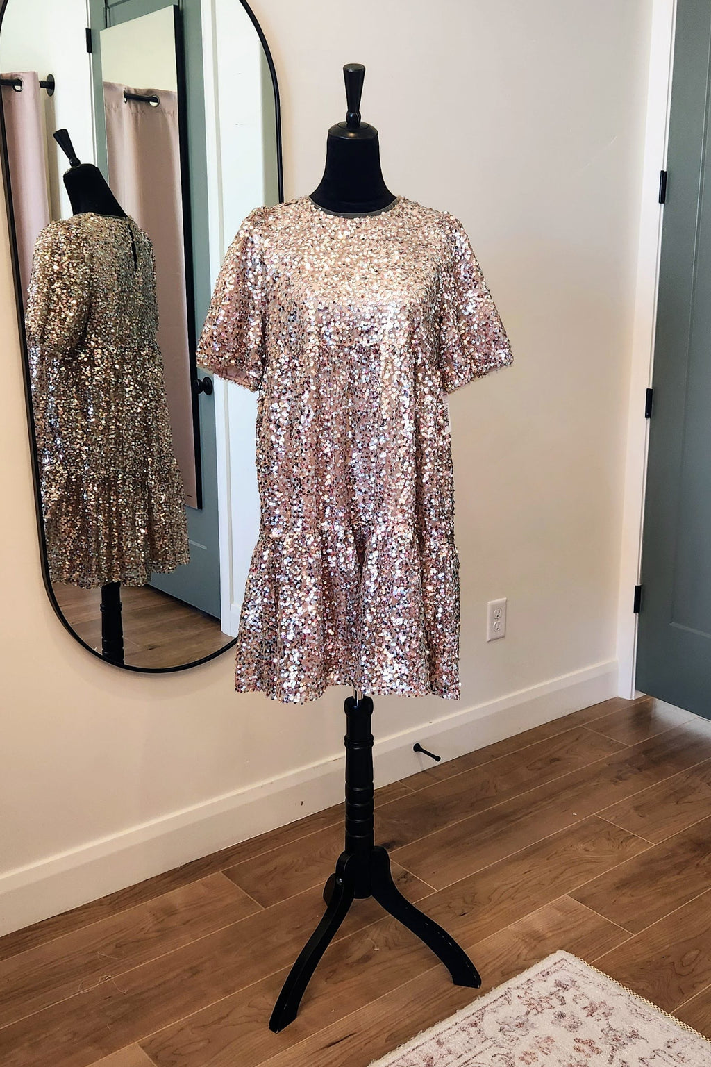 rose gold sequin shift dress tiered round neck puff sleeves