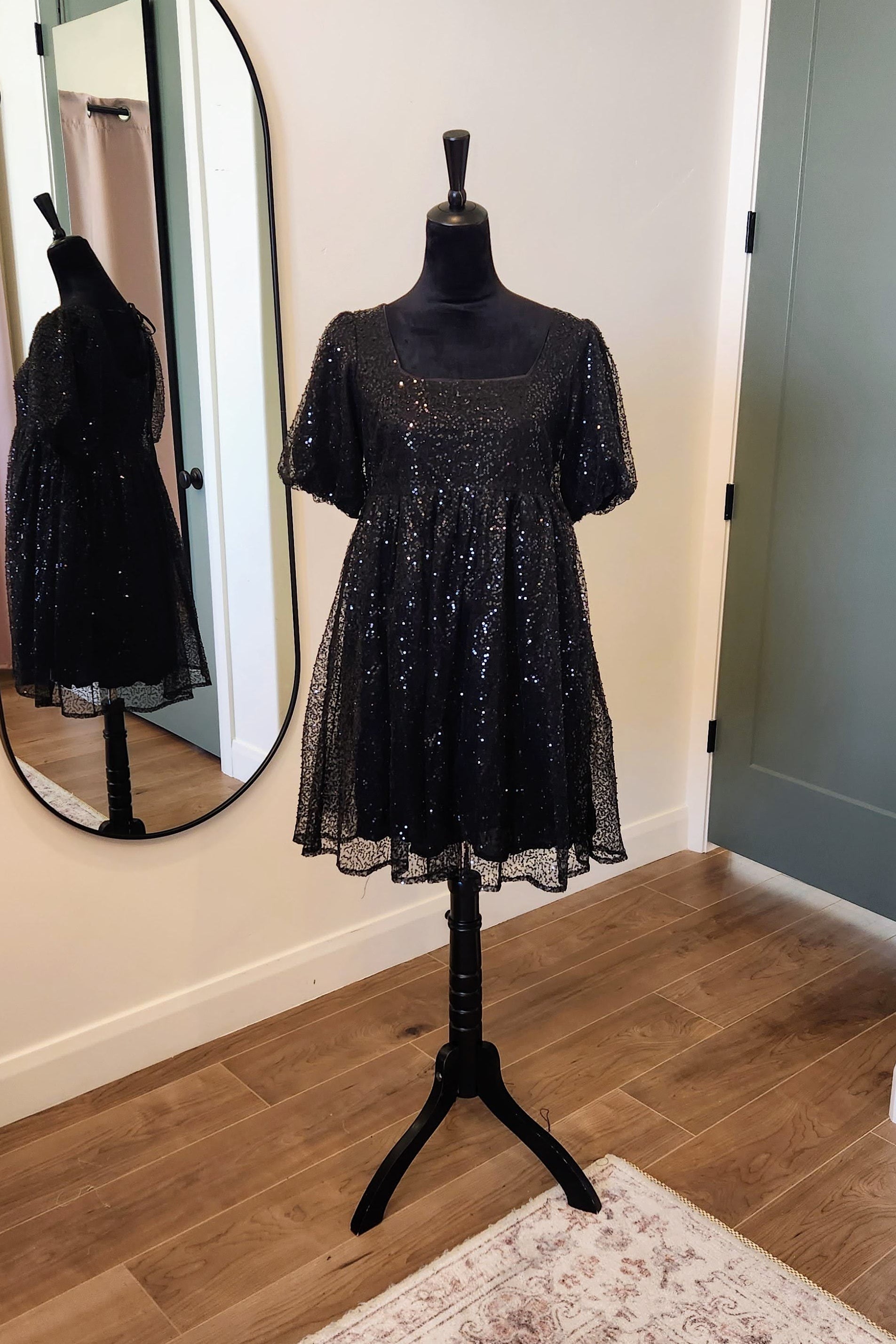 Black Sequin Puff Sleeve Babydoll Dress