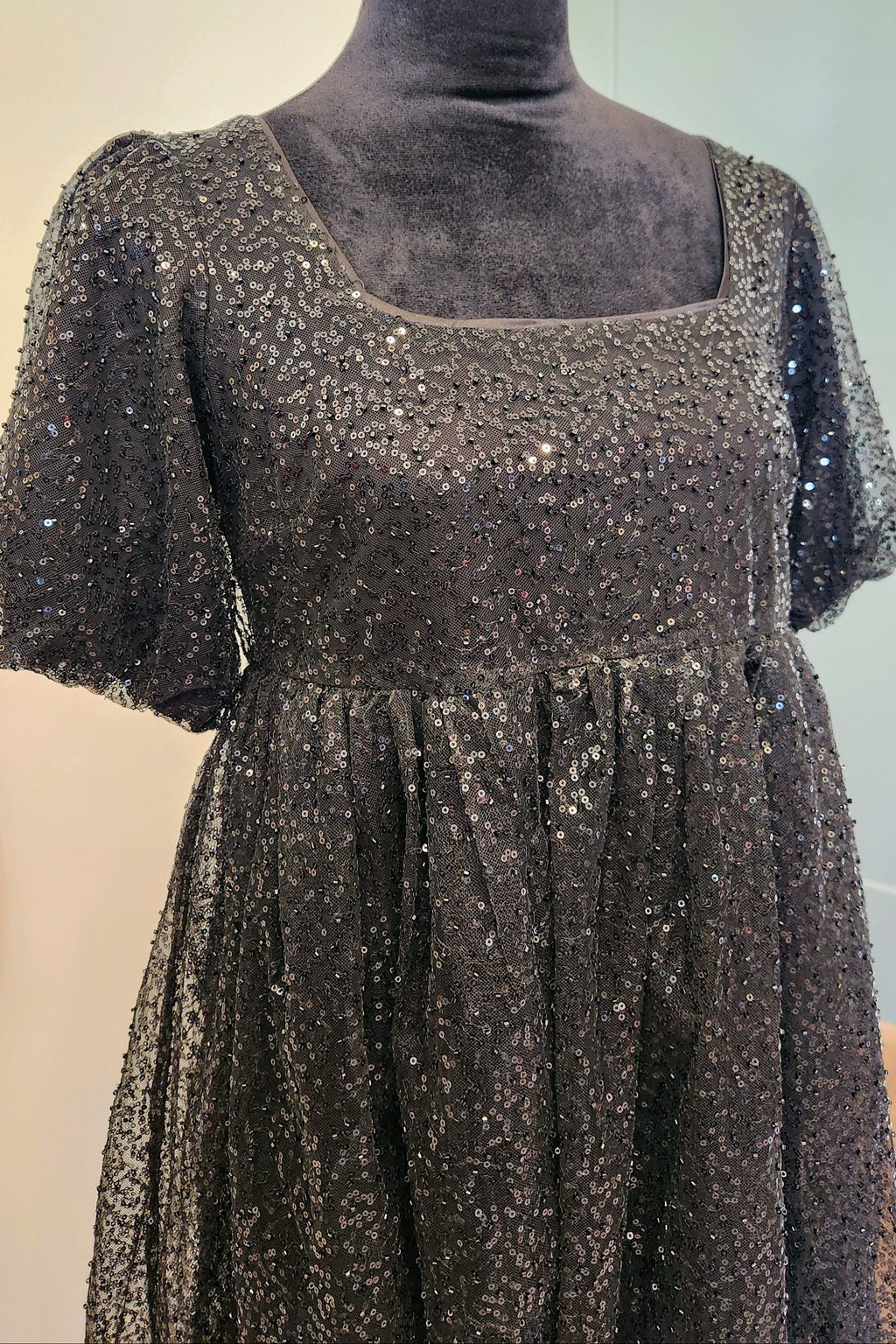 Black Sequin Puff Sleeve Babydoll Dress