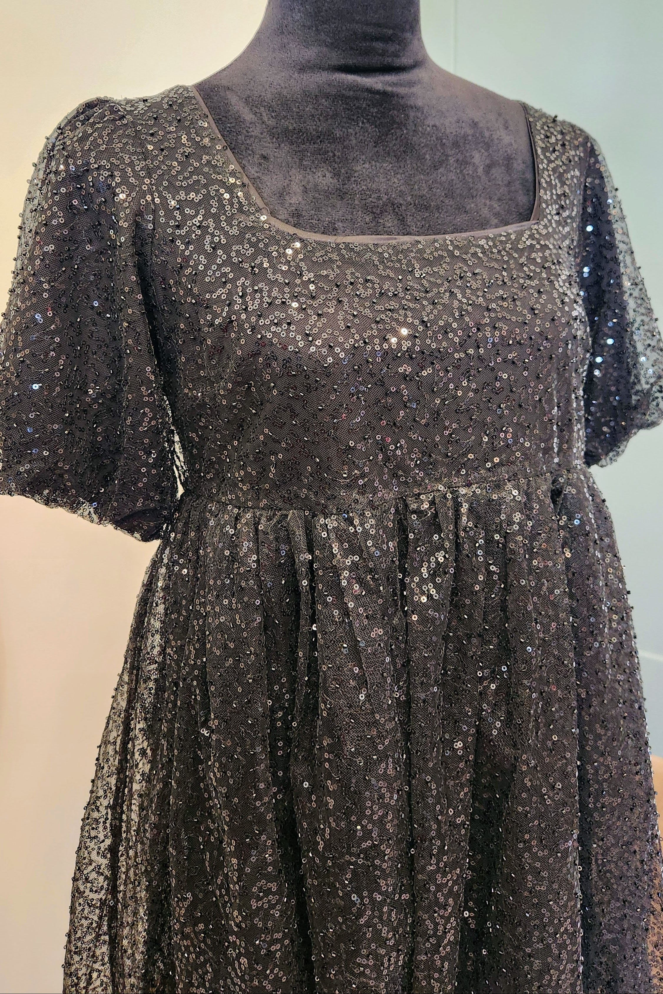 Black Sequin Puff Sleeve Babydoll Dress