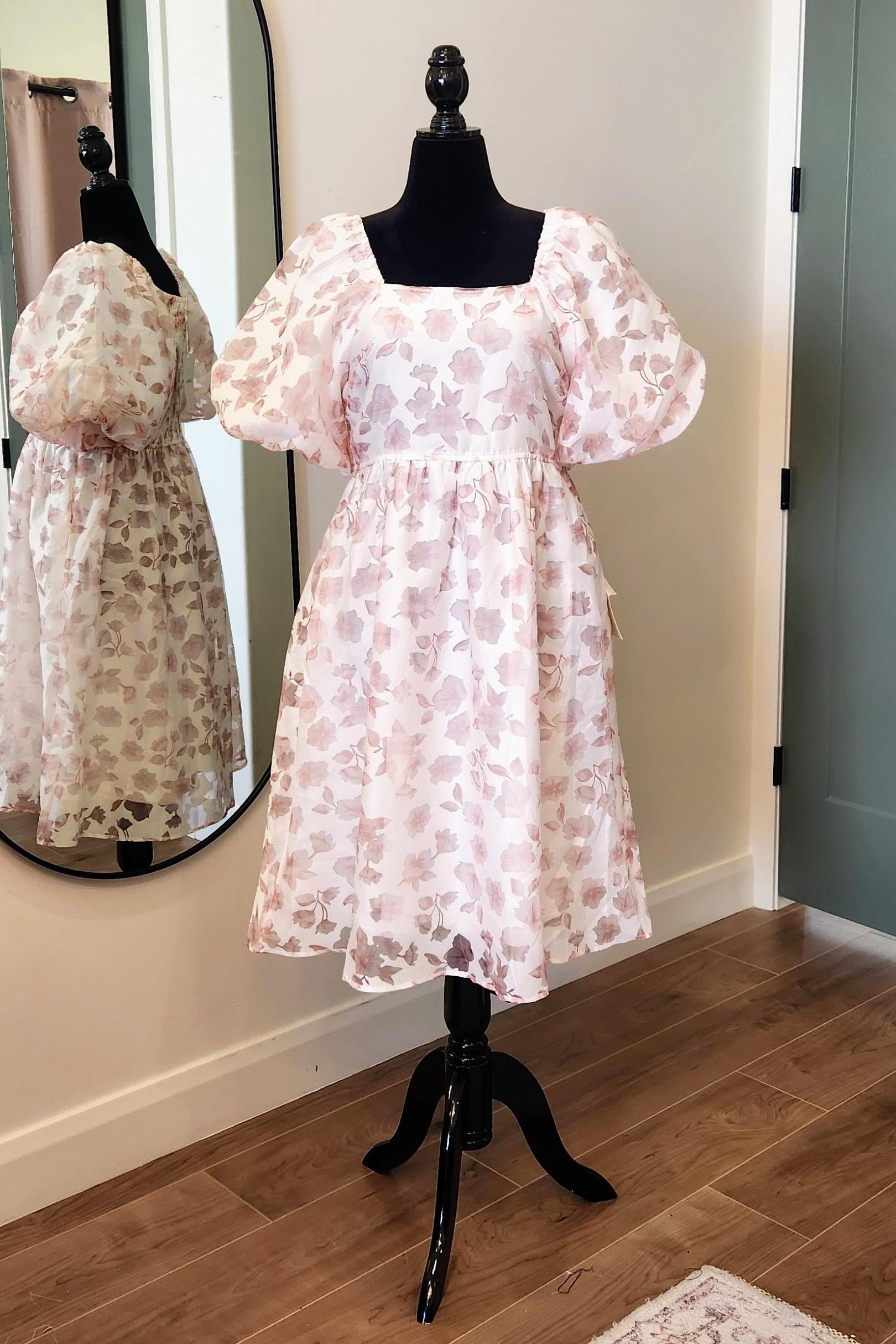 Bohme Pink Floral Organza Puff Sleeve Square Neck Dress