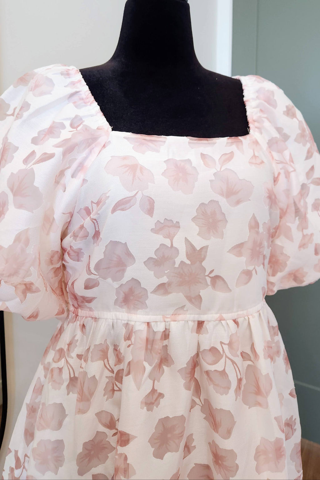 Bohme Pink Floral Organza Puff Sleeve Square Neck Dress