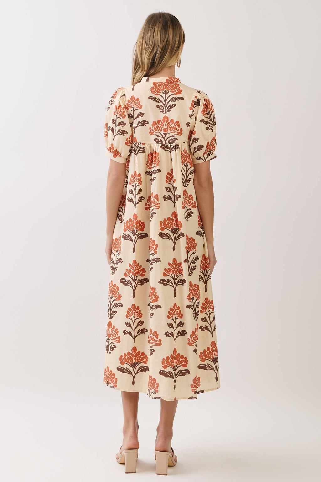 CD07309-Botanical Print Babydoll Midi Dress