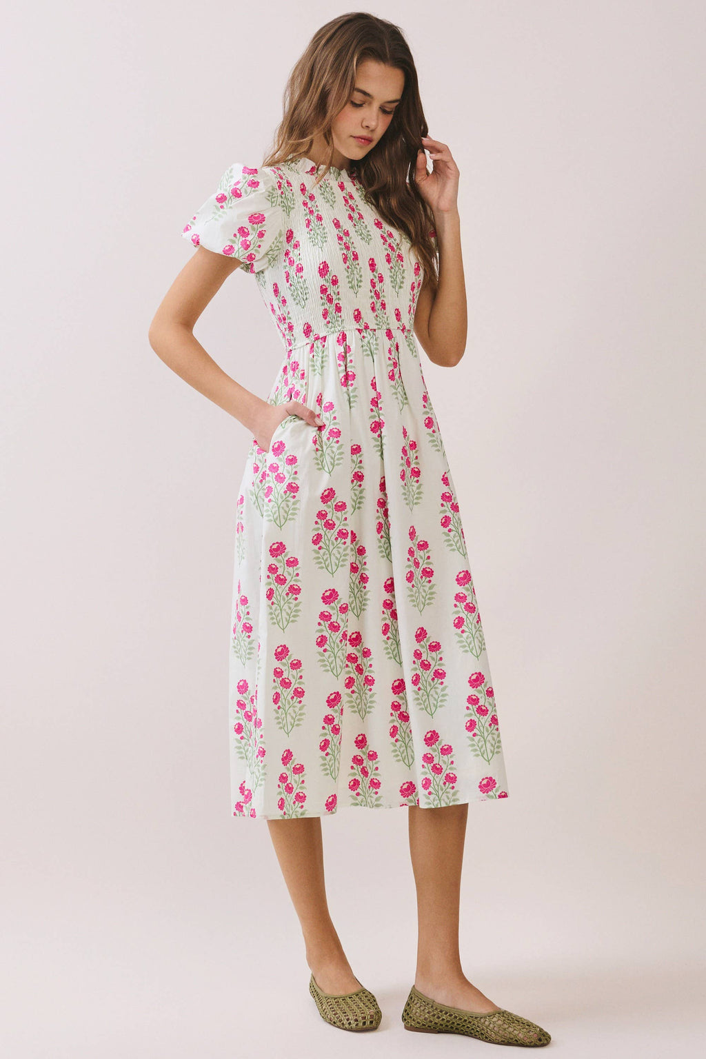 Floral Print Smocked Bodice High Neck Midi Dress