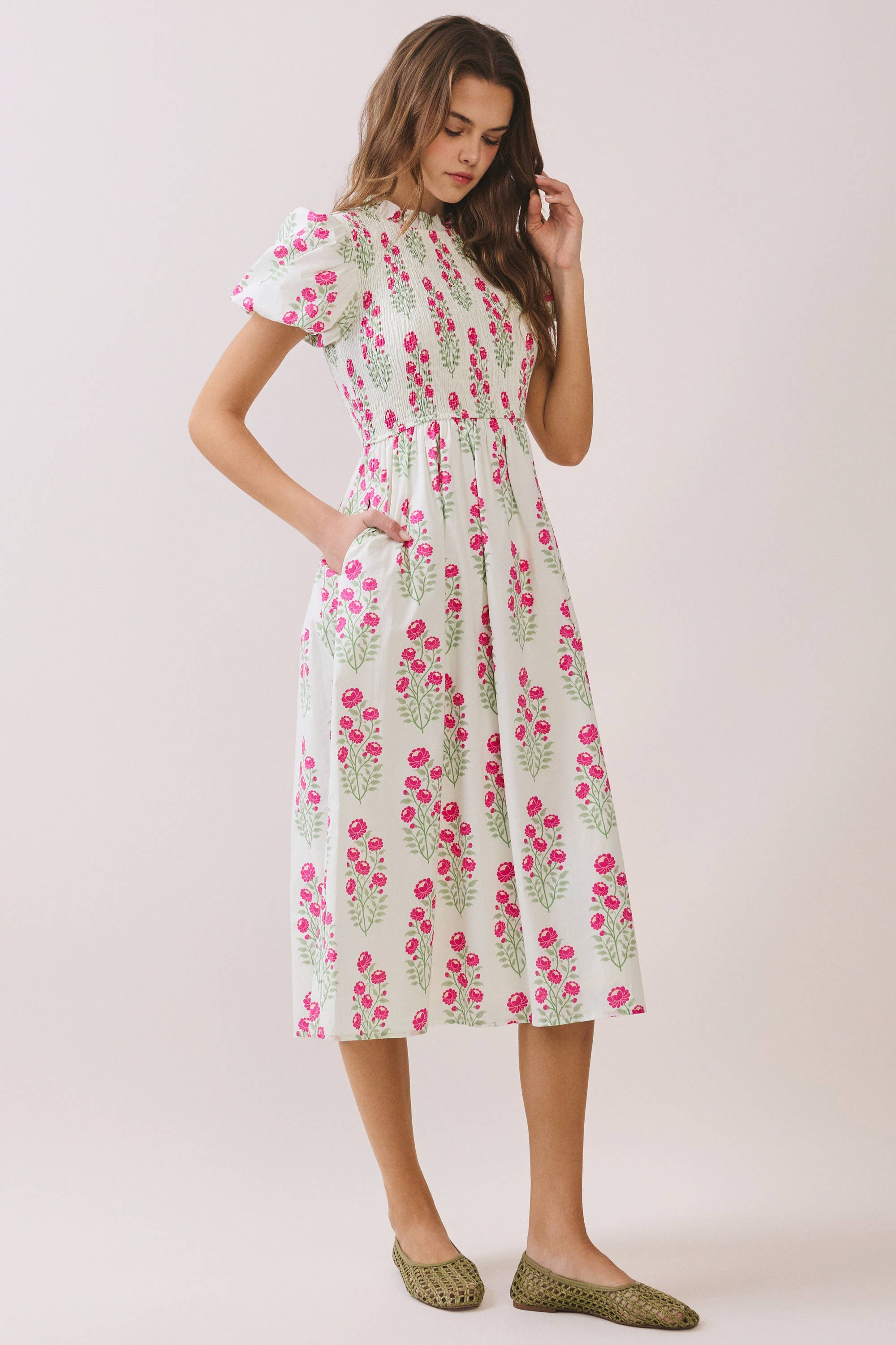 Floral Print Smocked Bodice High Neck Midi Dress