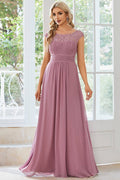 Cap Sleeve A Line Lace & Chiffon Evening Dress