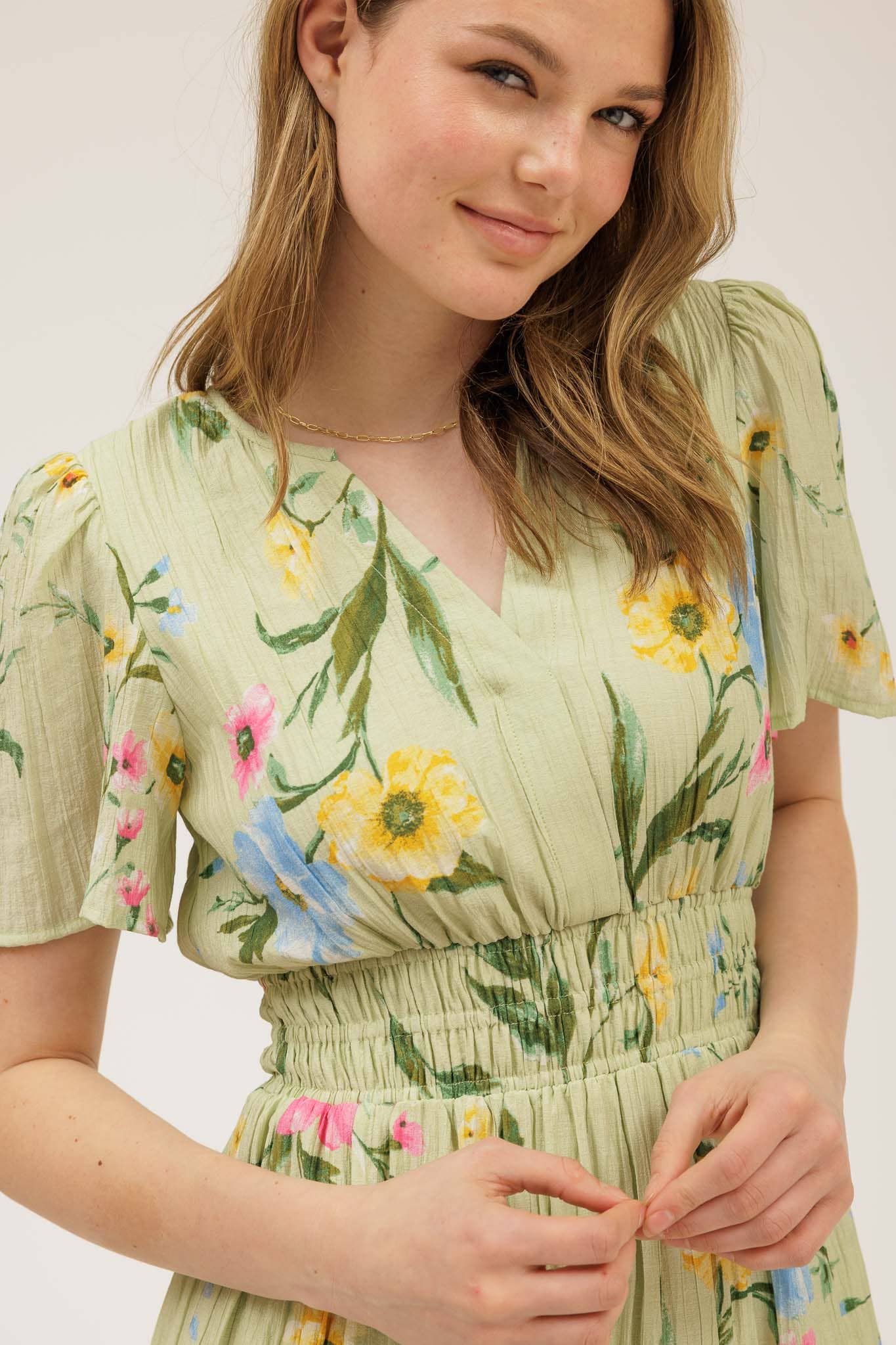 Floral Short Sleeve Tiered Midi Dress