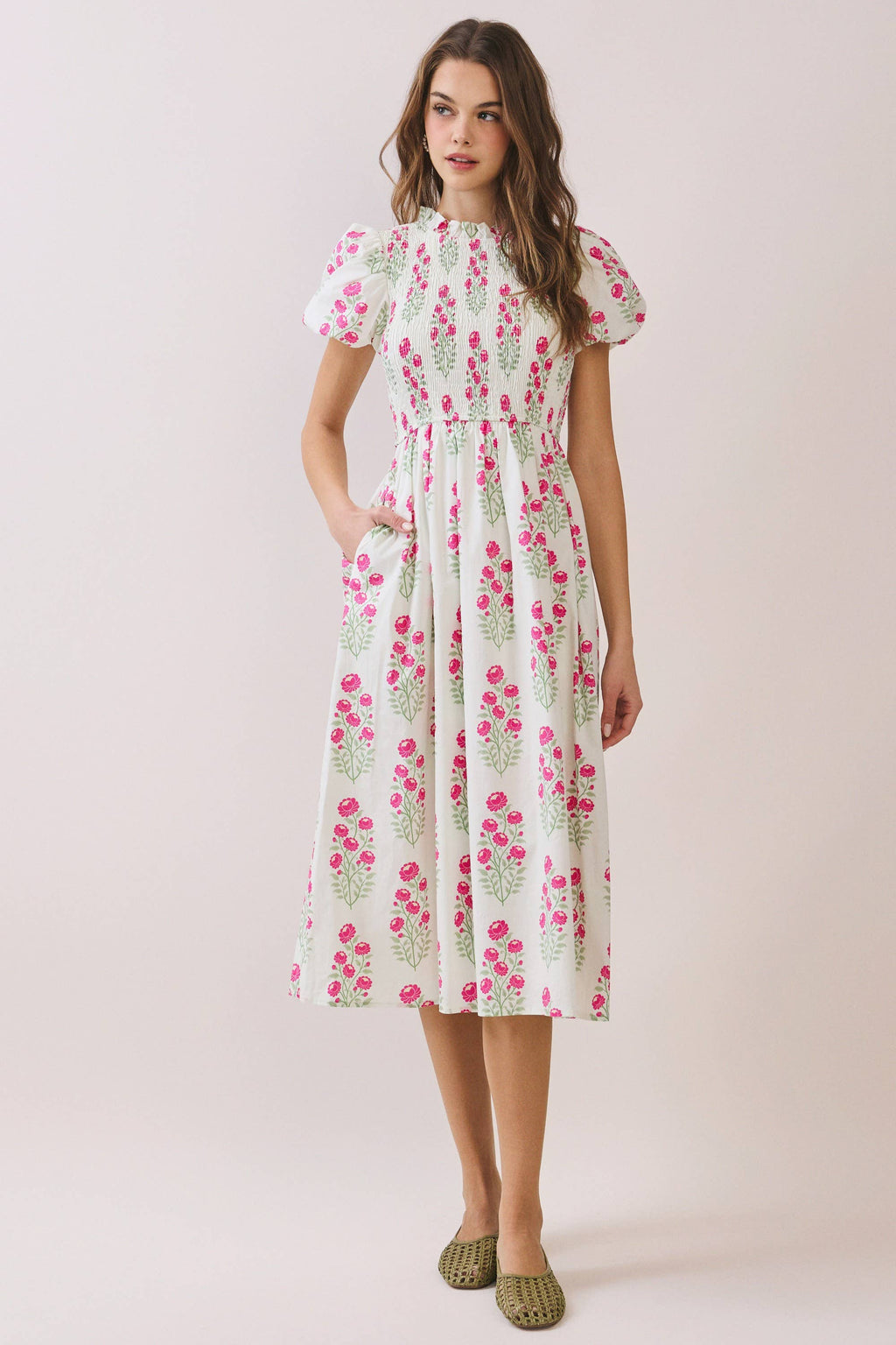 Floral Print Smocked Bodice High Neck Midi Dress