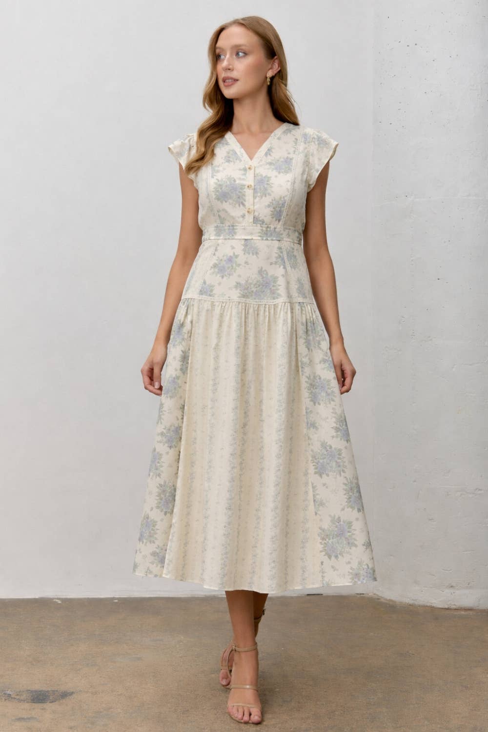 Mixed Floral Print V-neck Midi Dress