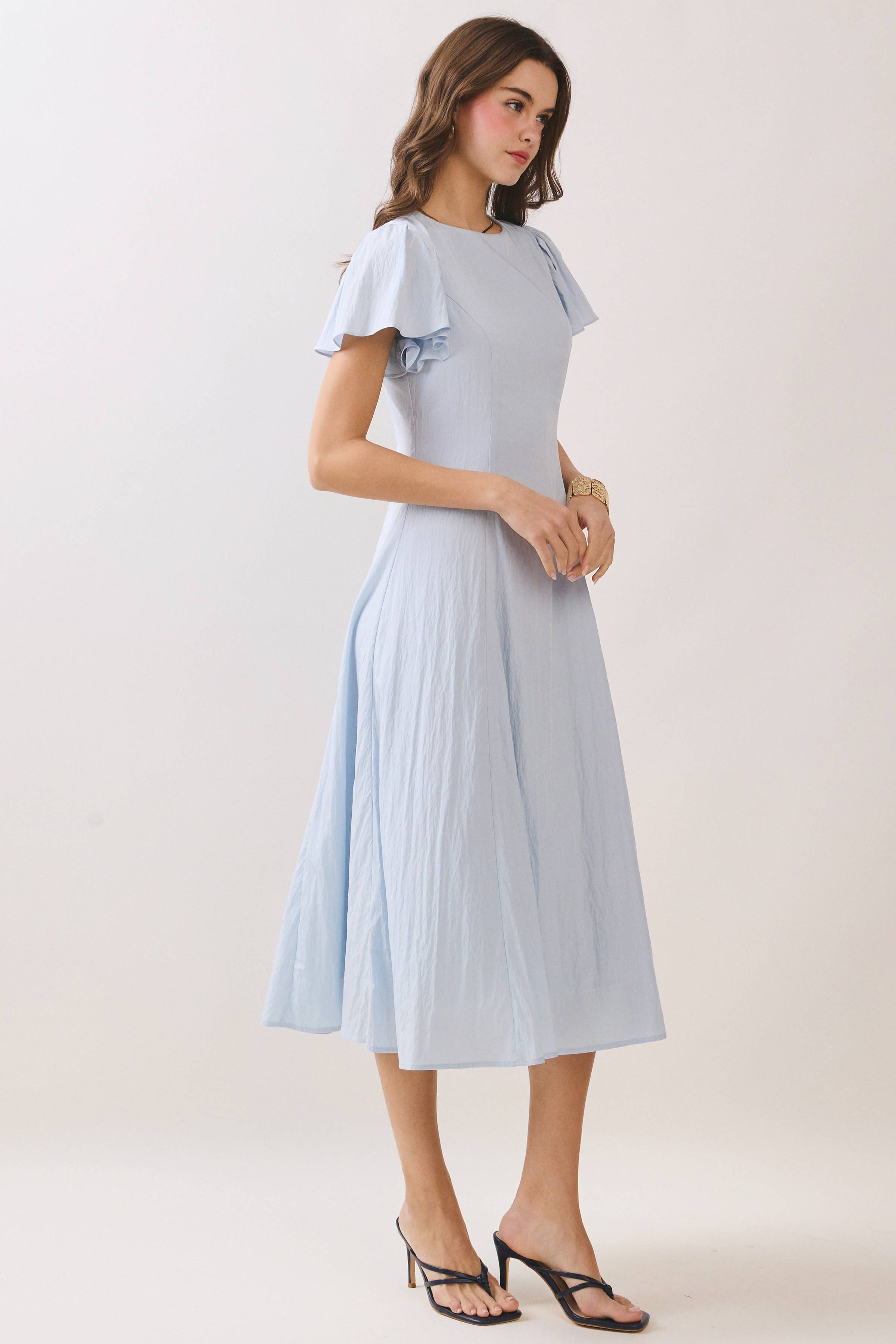 Flutter Short Sleeves Flowy Hem Midi Dress