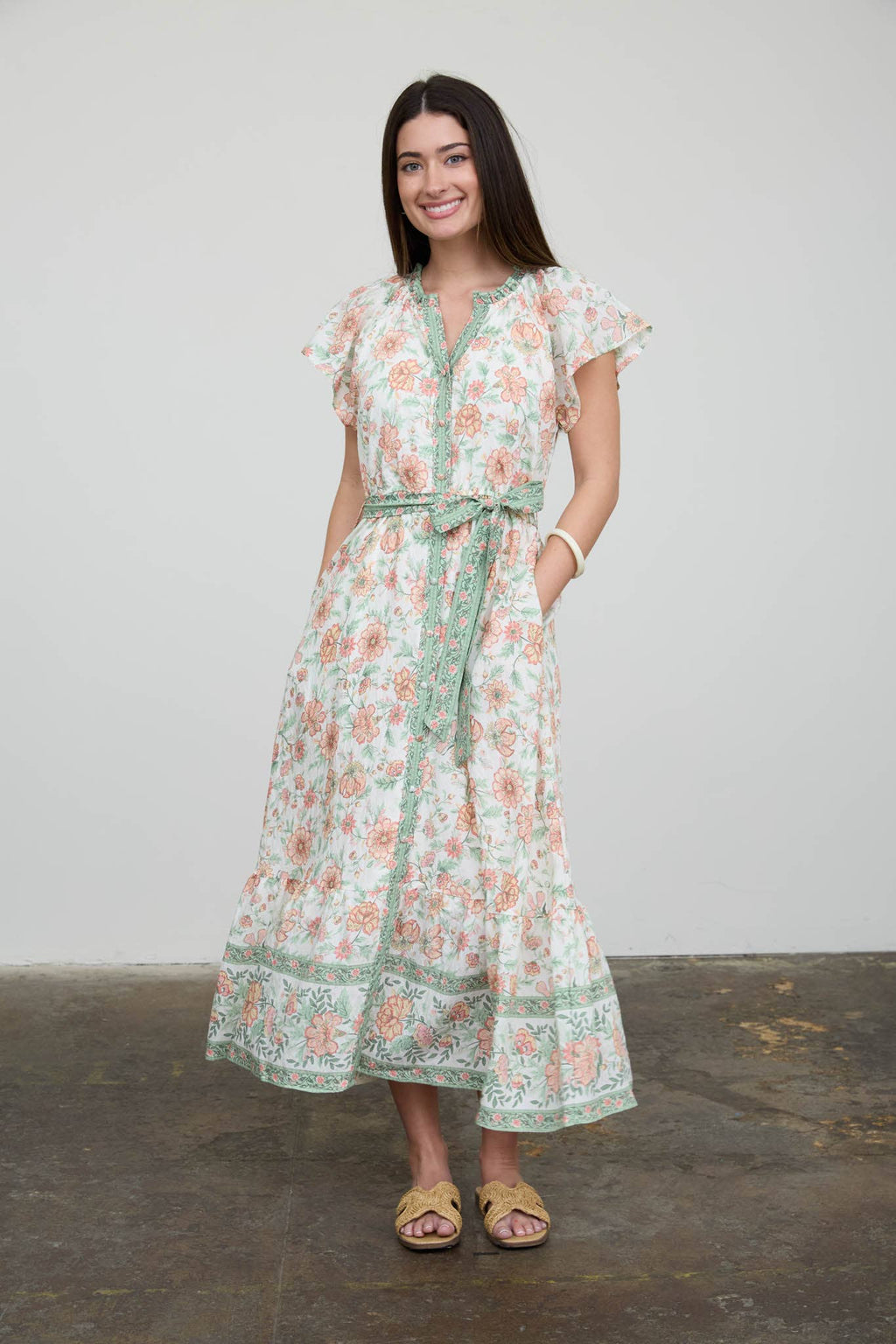 Floral Border Print Belt Strap Midi Dress