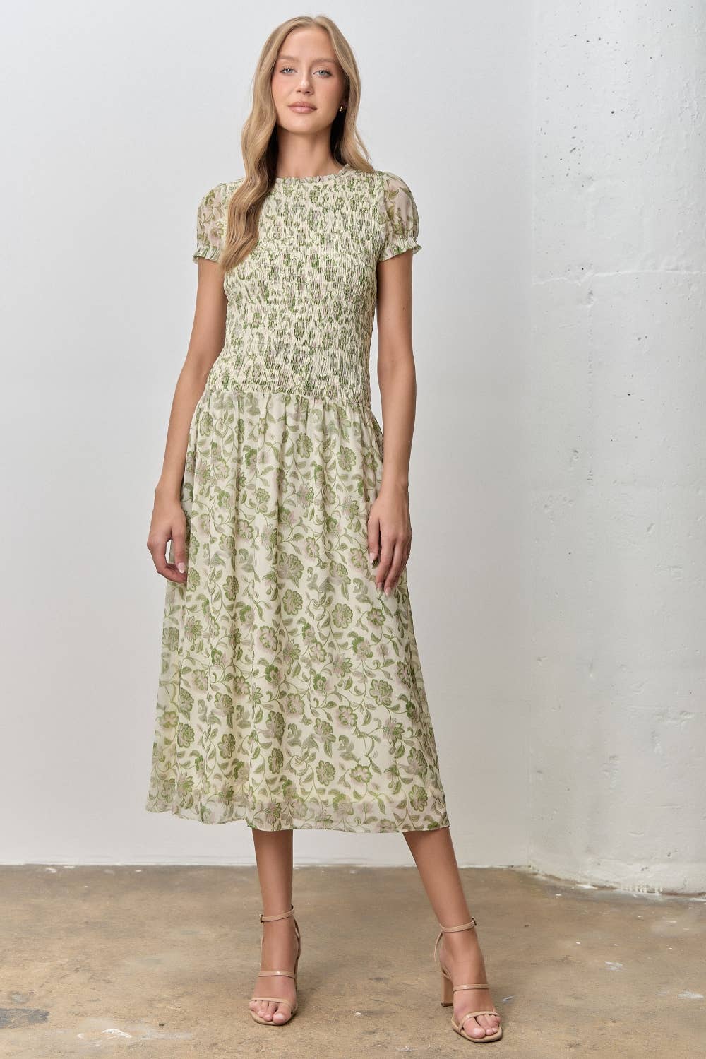 Floral Print Smocked Bodice Short Sleeve Midi Dress