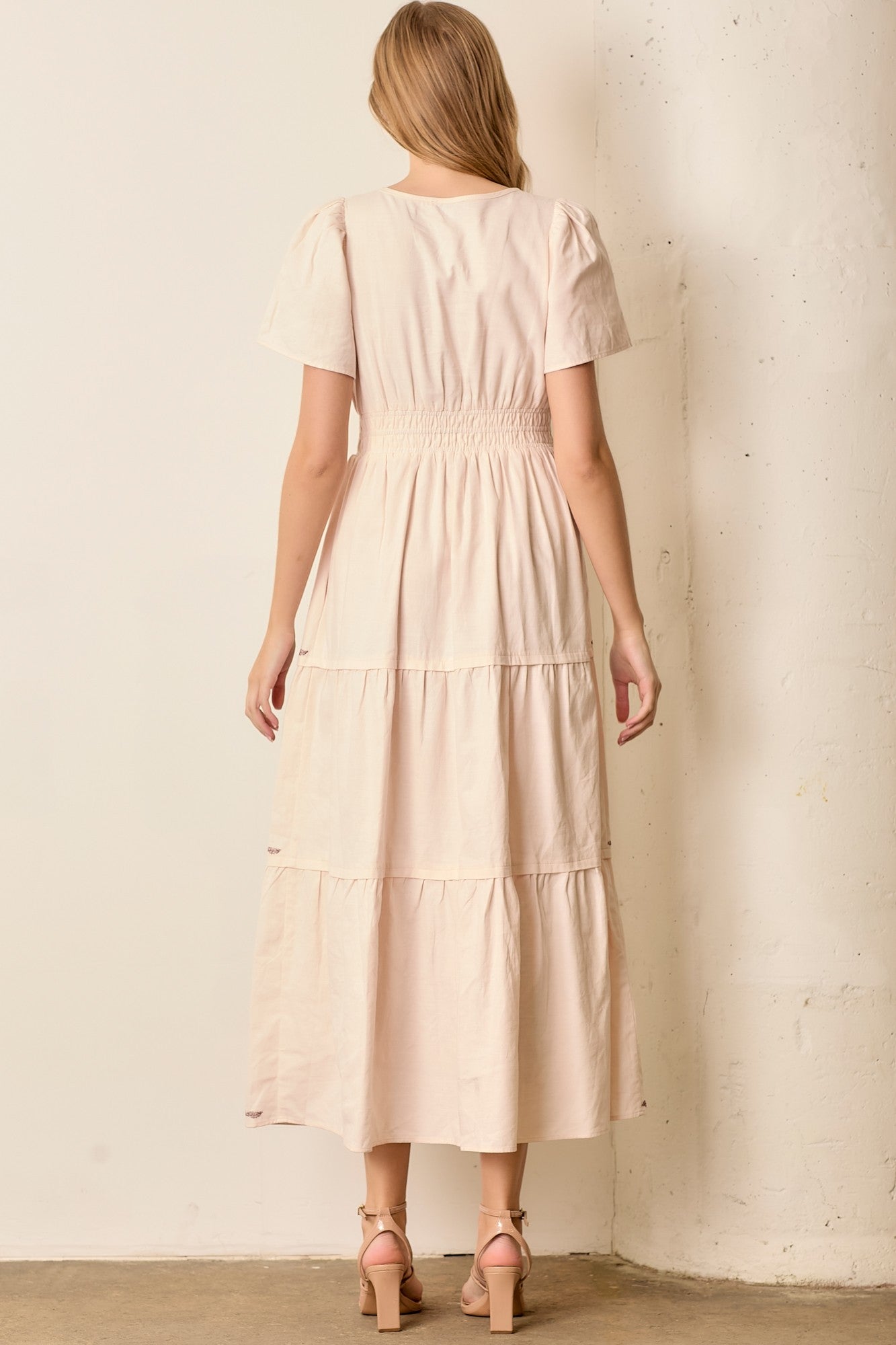 Embroidered Floral Print Maxi Tiered Dress