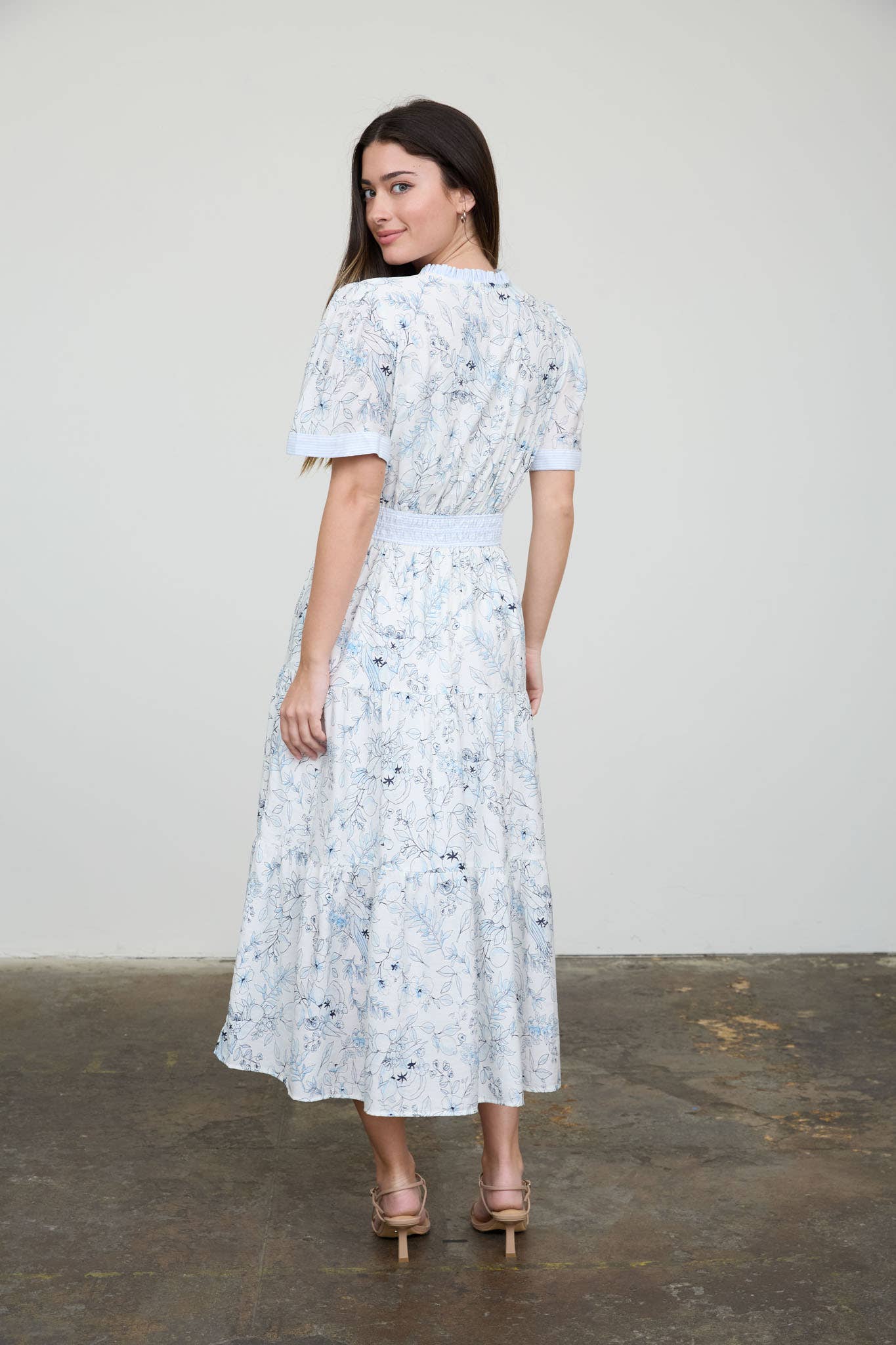 Blooming Print Split Neck Short Sleeve Midi Dress