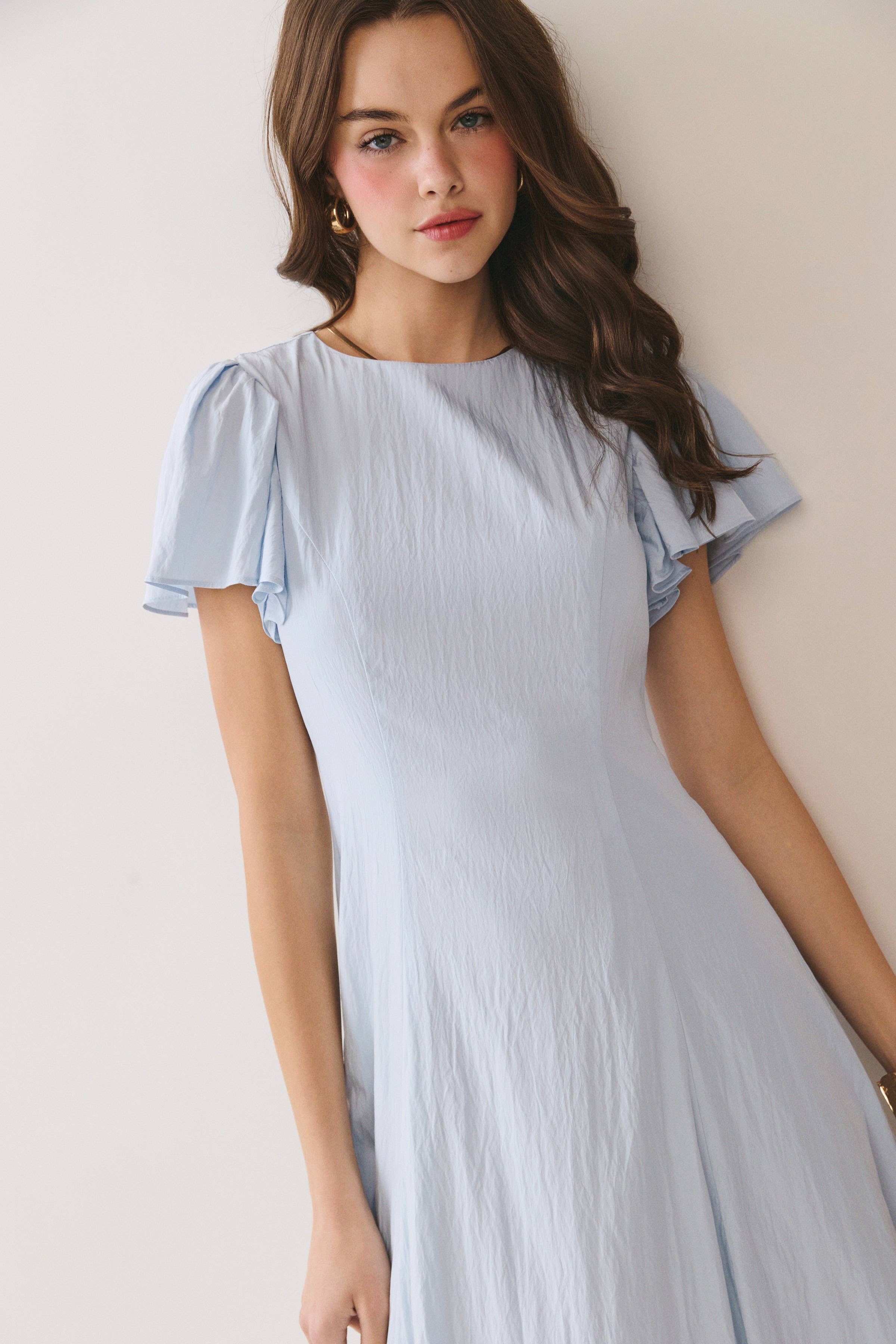 Flutter Short Sleeves Flowy Hem Midi Dress