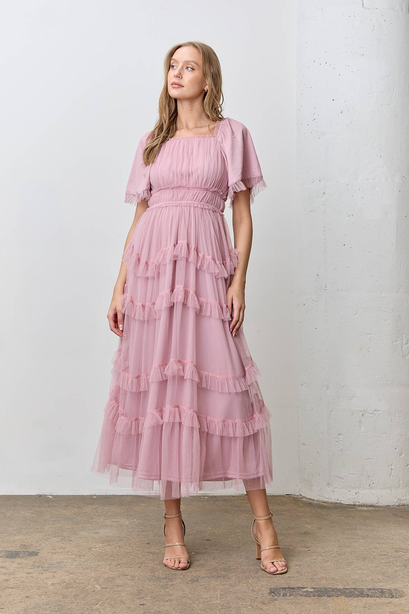 Sheer Ruffle Tiered Tulle Maxi Dress