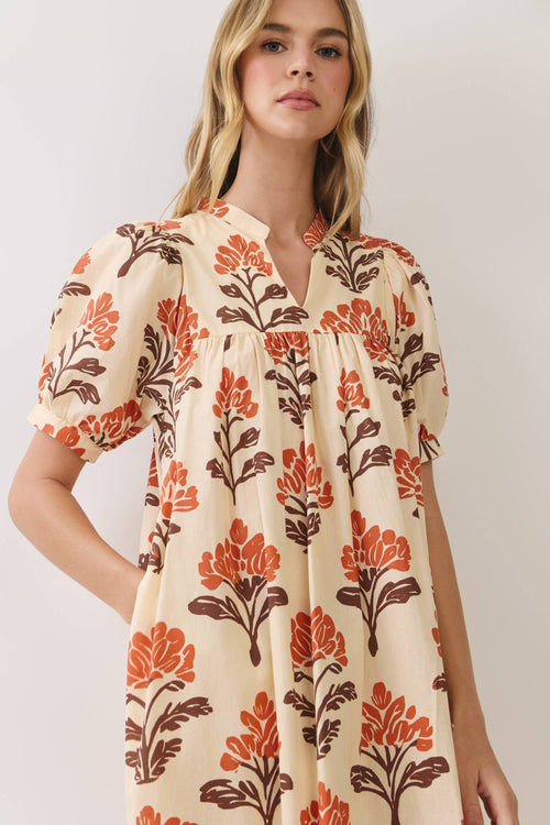 CD07309-Botanical Print Babydoll Midi Dress