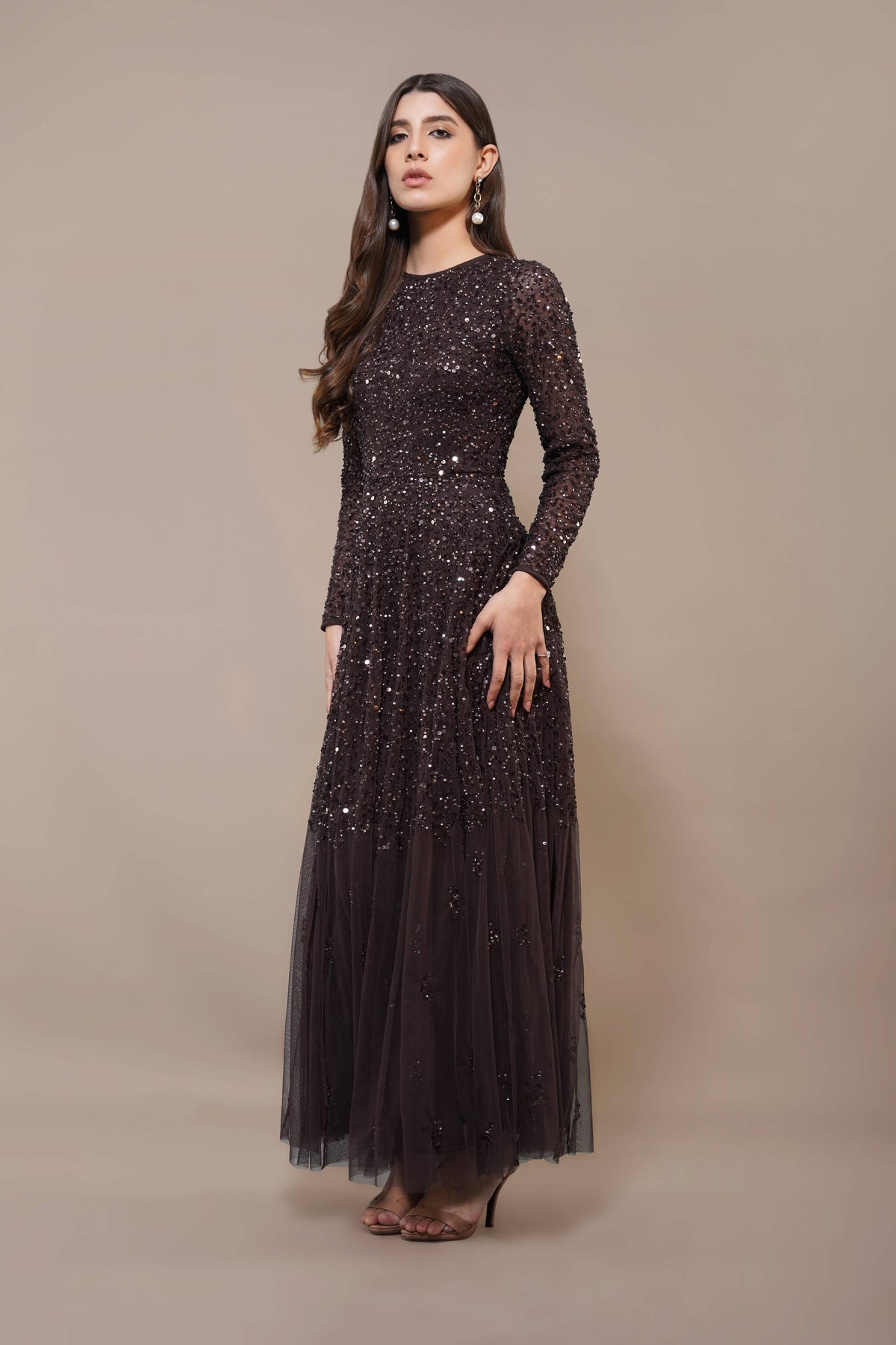 Sila Long Sleeve Embellished Maxi Dress in Coffee Brown