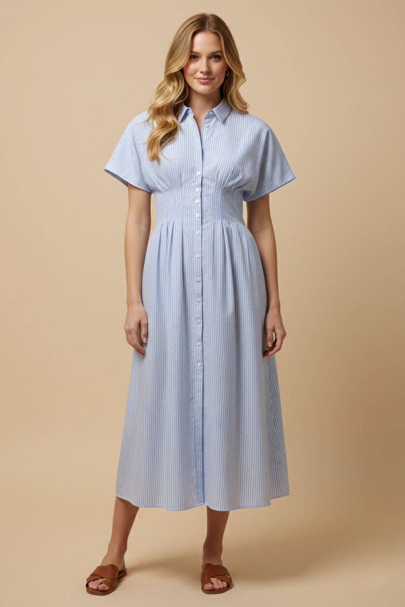 Women Button Down Pintucked Waist Dress