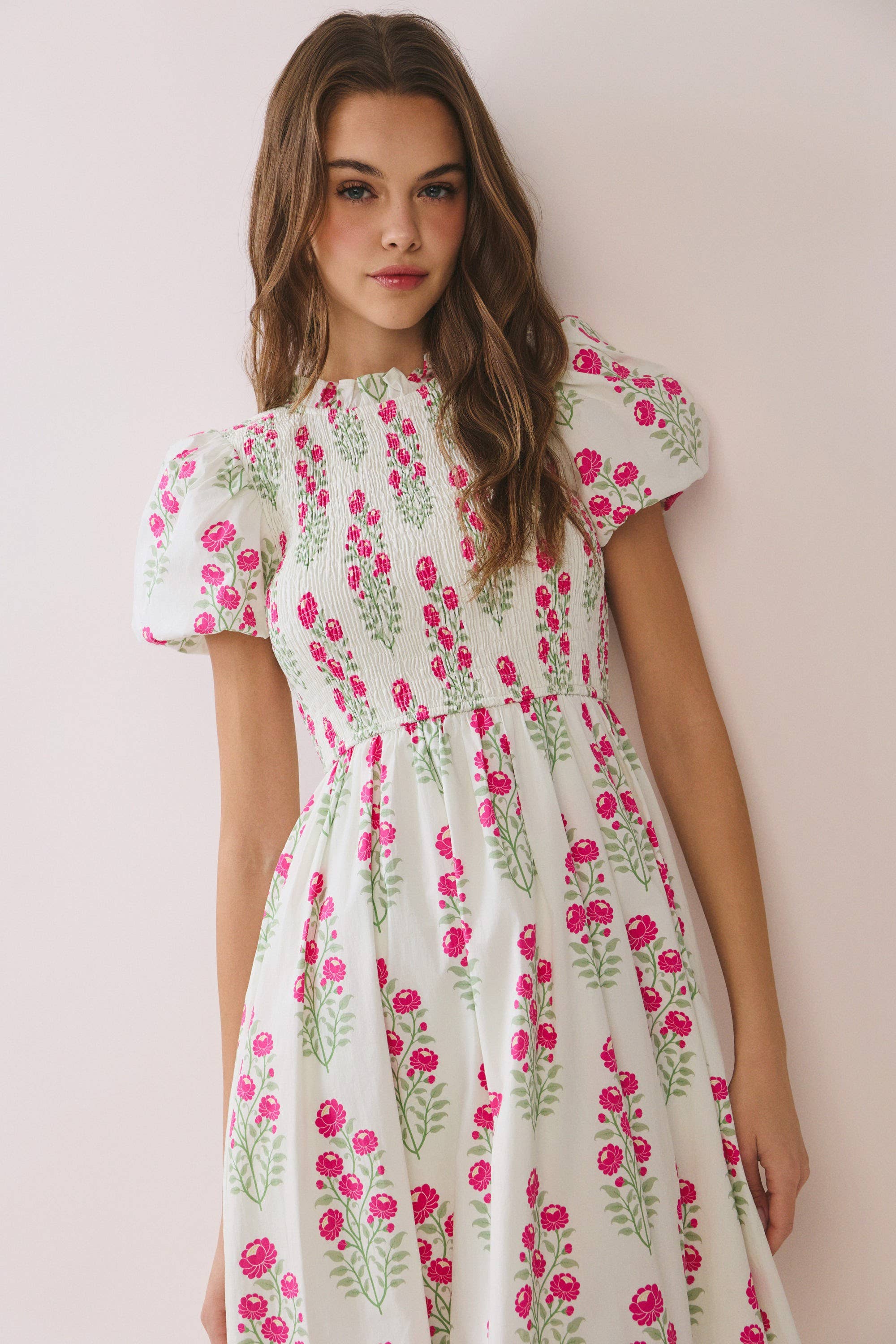 Floral Print Smocked Bodice High Neck Midi Dress