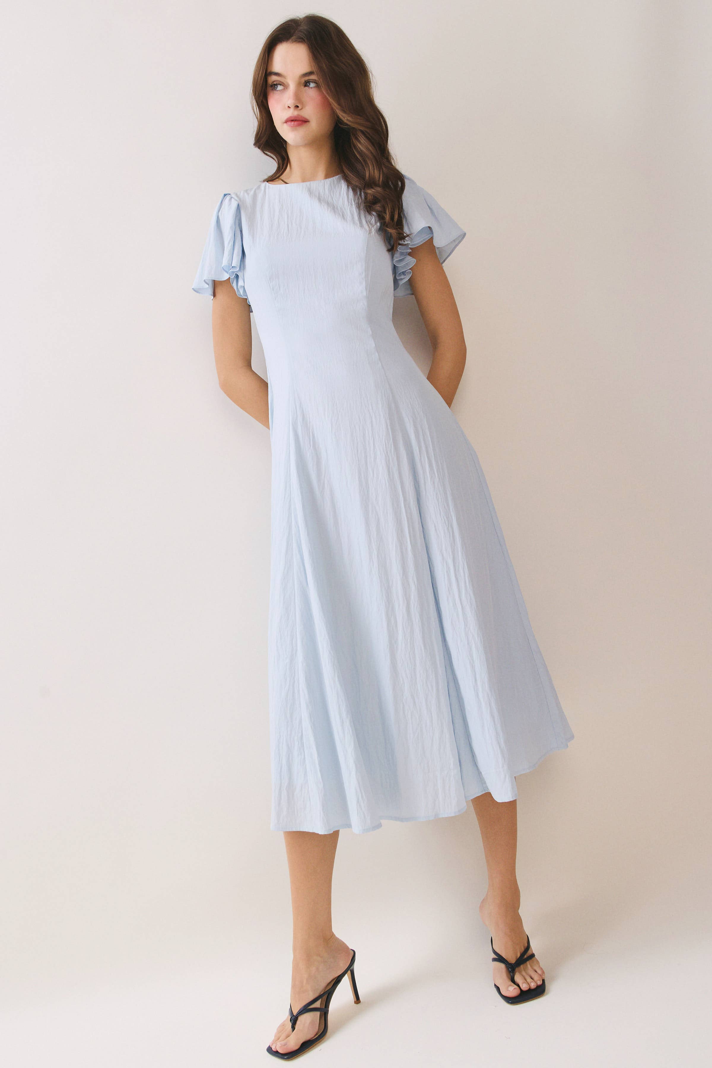 Flutter Short Sleeves Flowy Hem Midi Dress