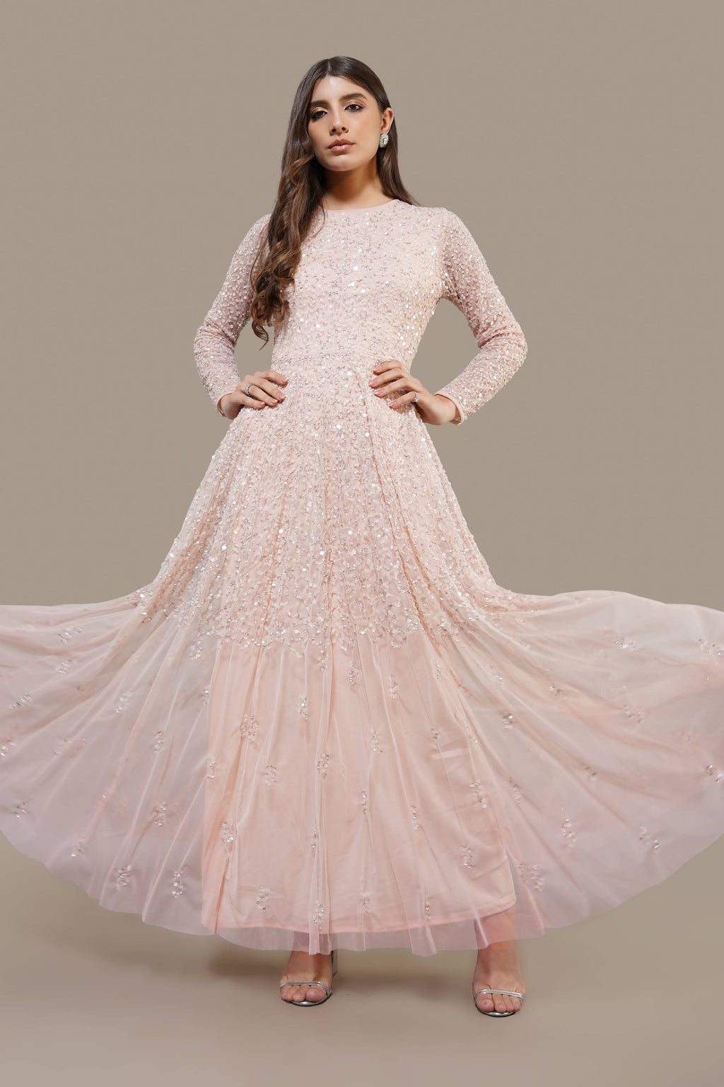 Sila Long Sleeve Embellished Maxi Dress in Blush Pink
