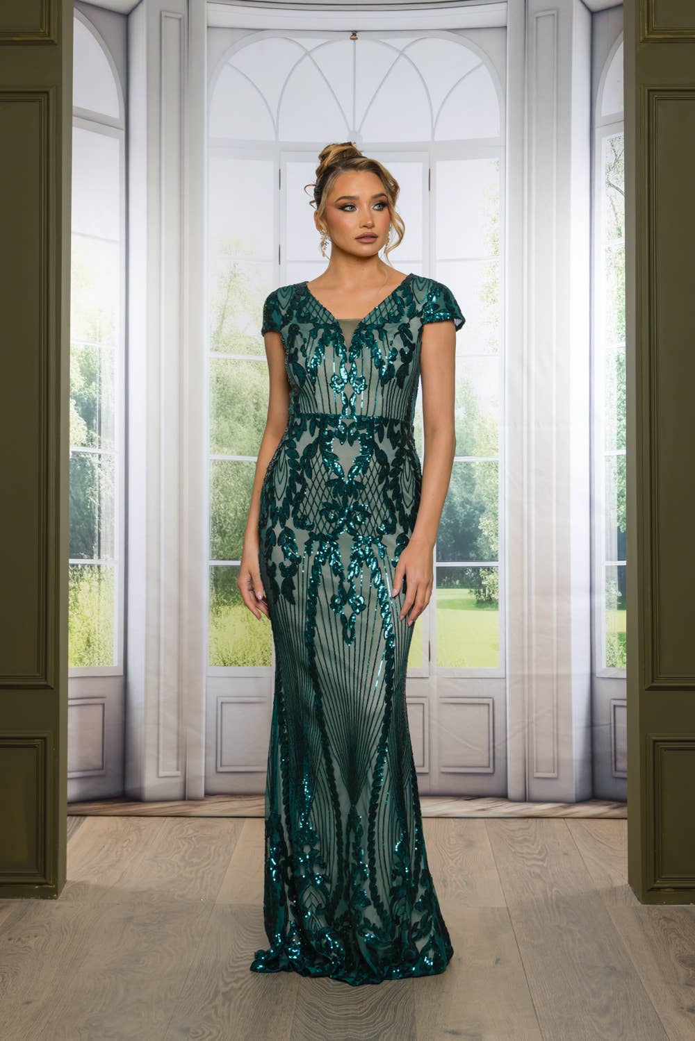 Sequin Maxi Dress with Short Cap Sleeves
