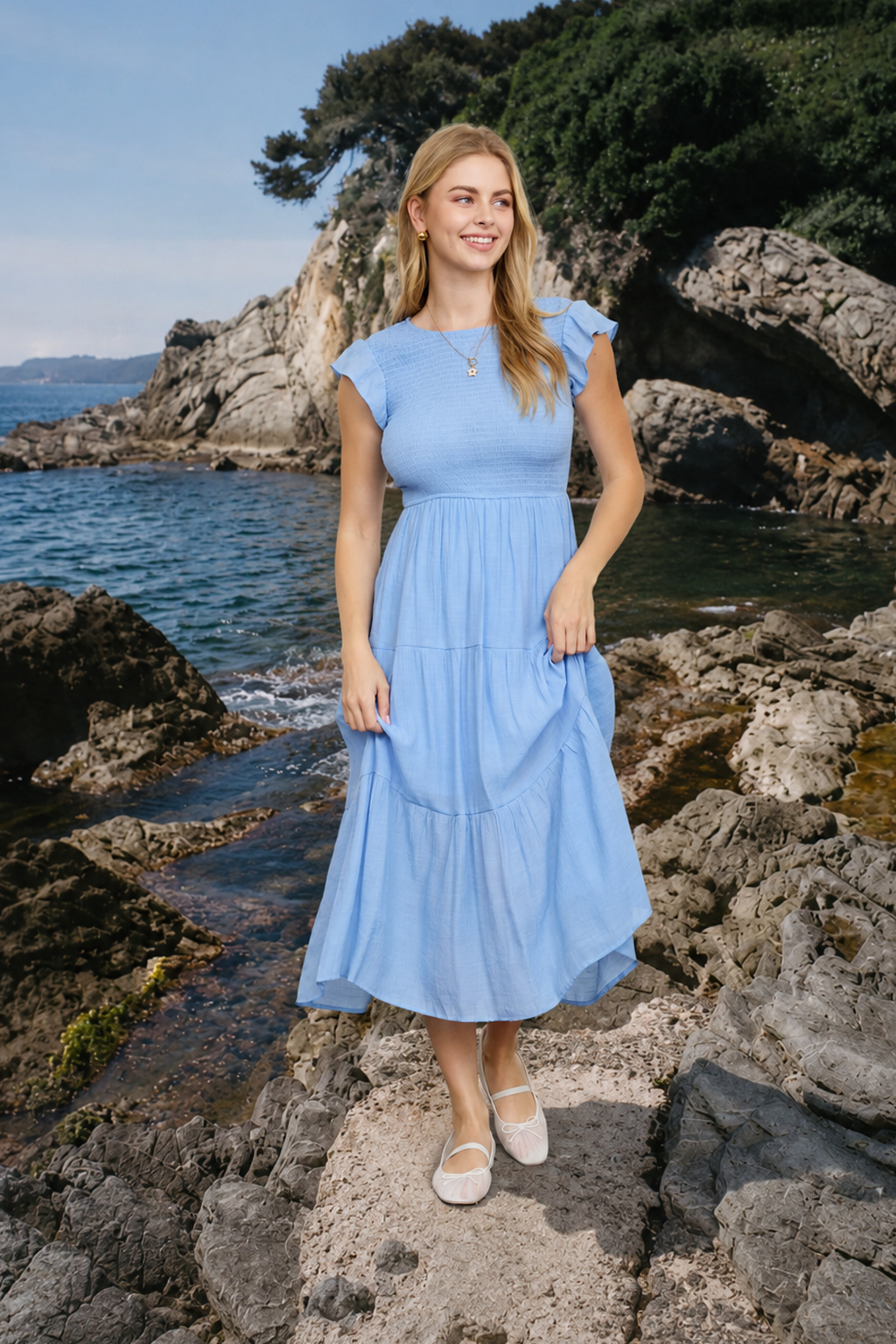 Tiered Smocked Short Sleeve Midi Dress