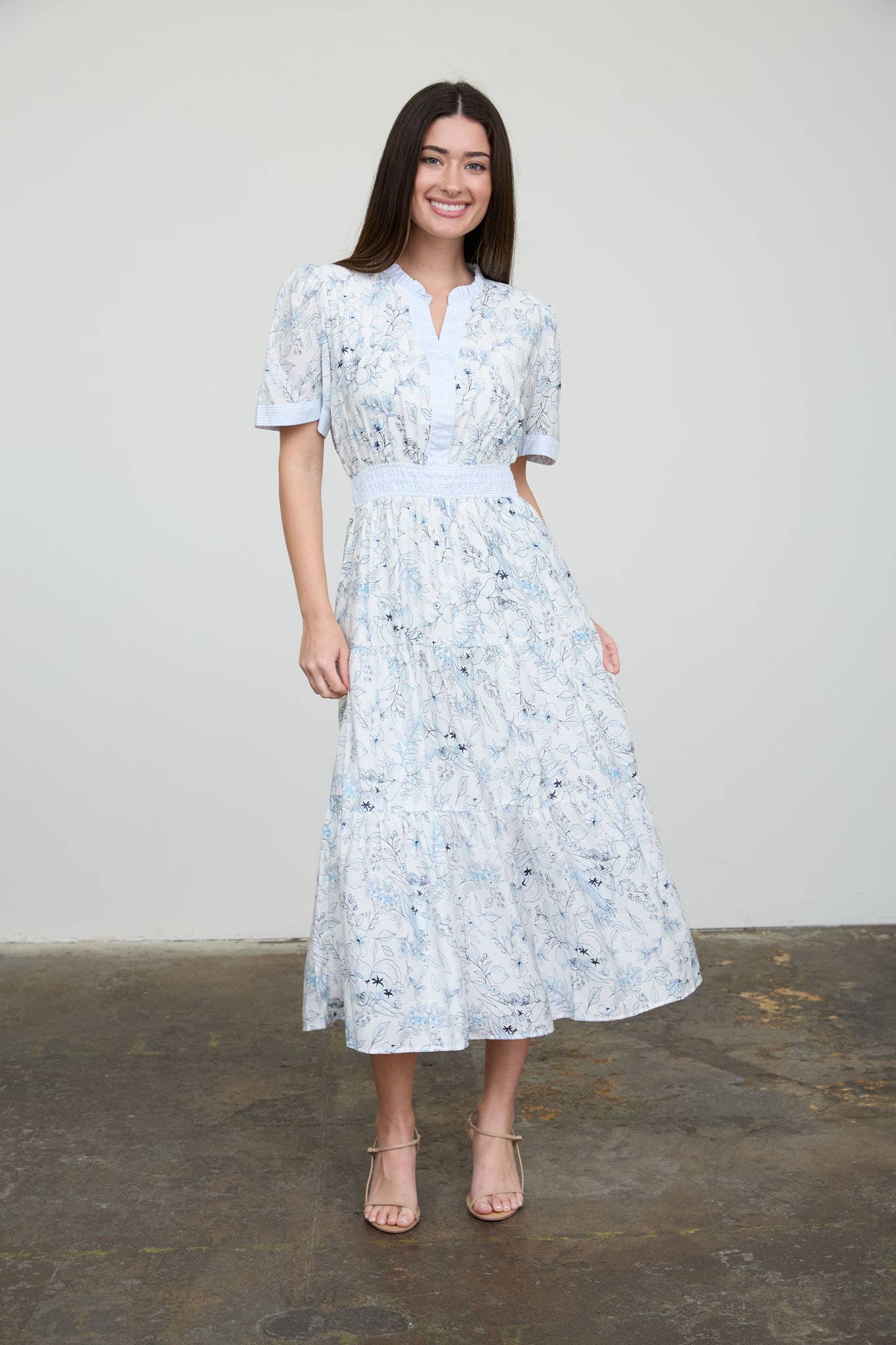 Blooming Print Split Neck Short Sleeve Midi Dress