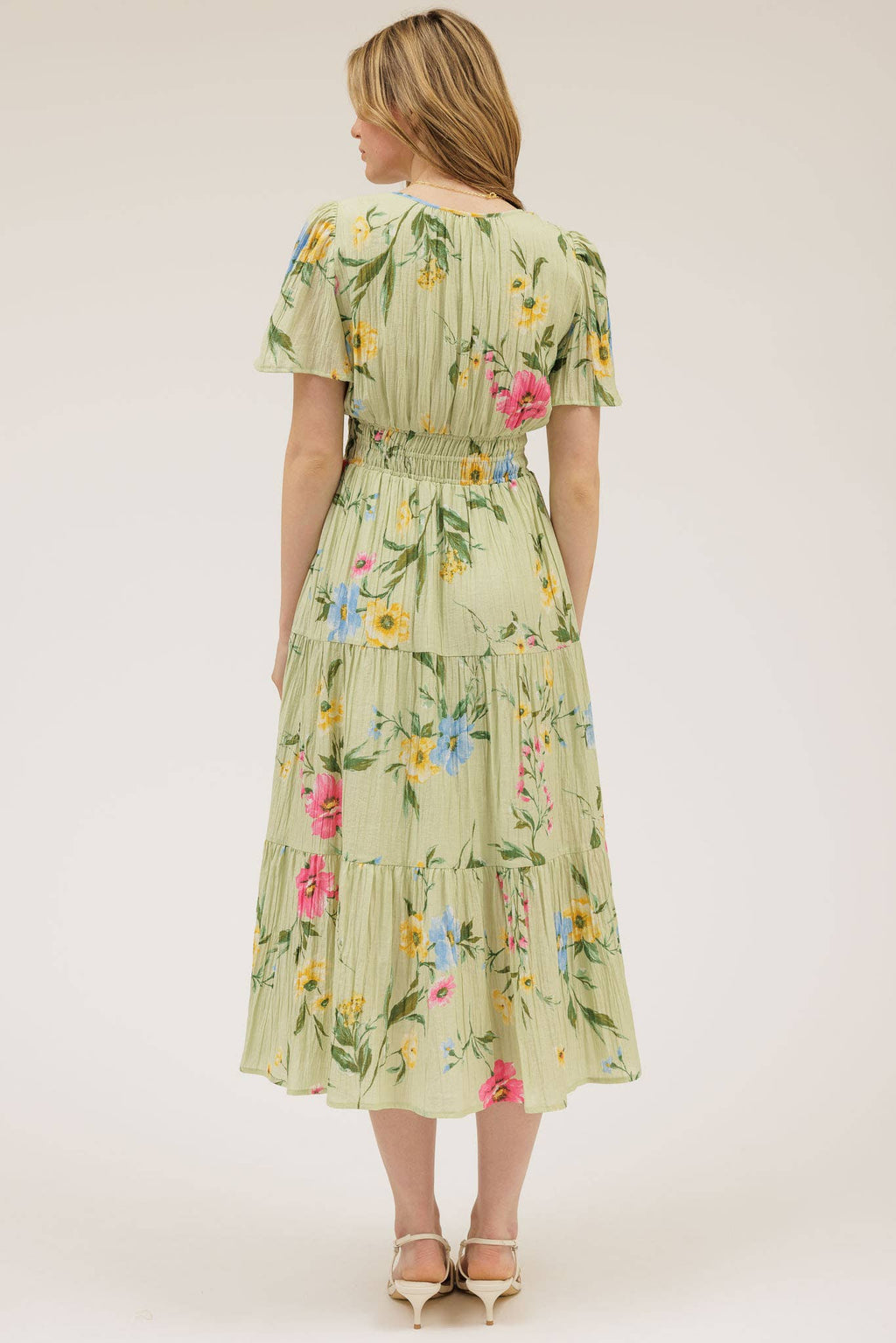 Floral Short Sleeve Tiered Midi Dress