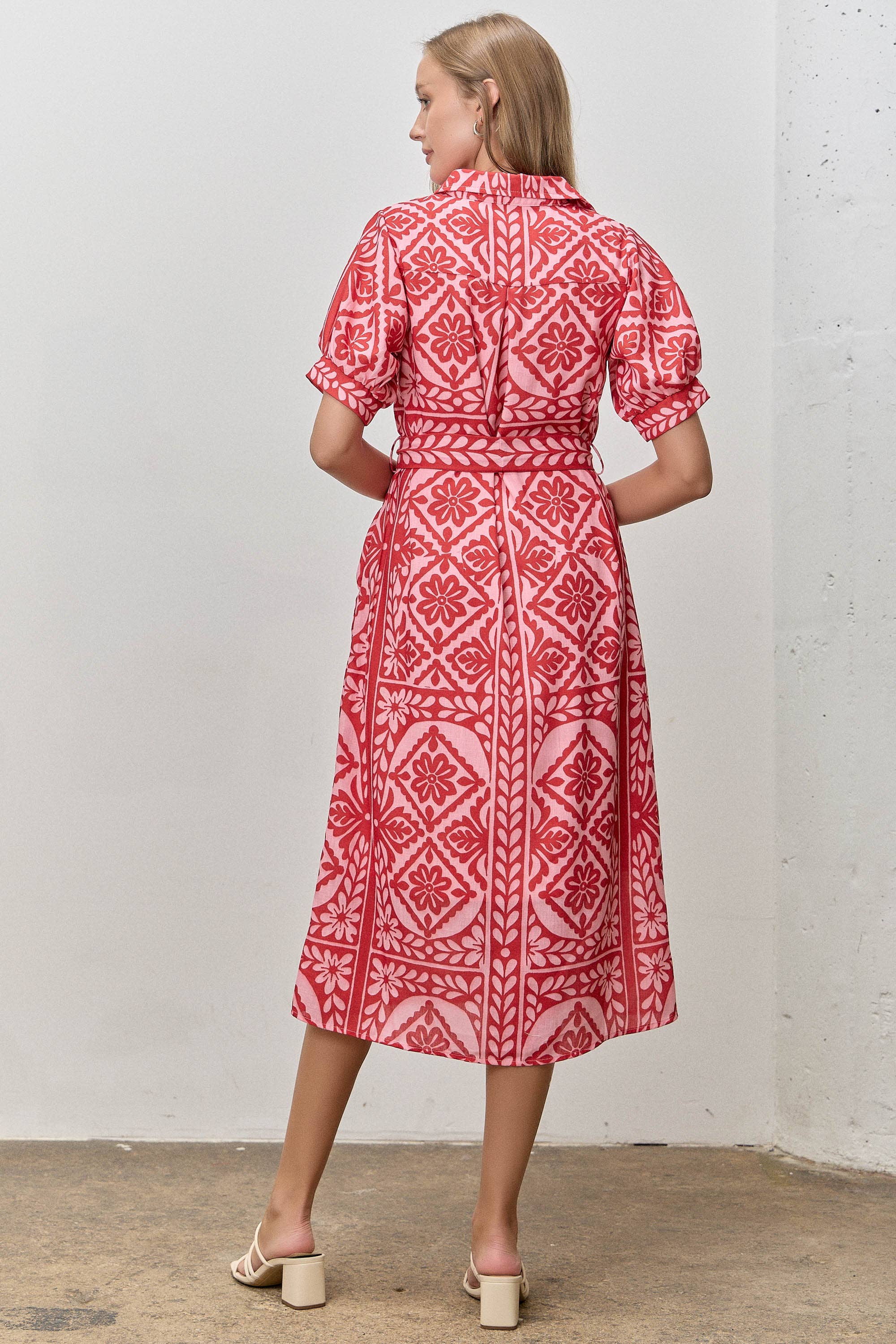 Floral Print Waist Tie Midi Shirt Dress(extended sizes)