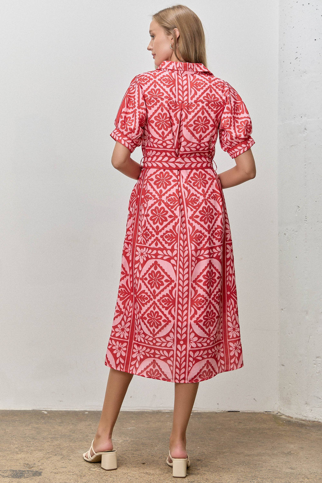 Floral Print Waist Tie Midi Shirt Dress(extended sizes)