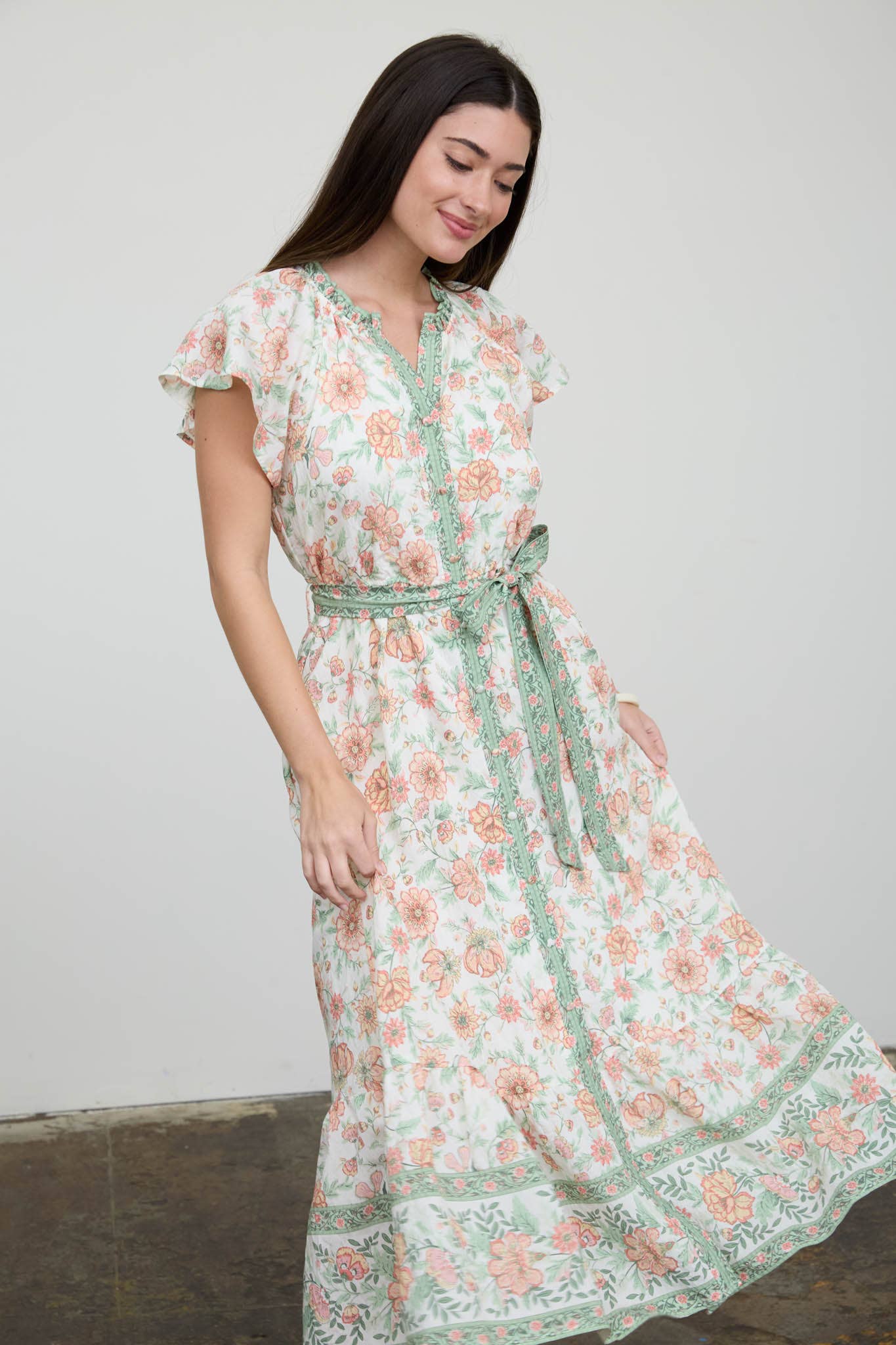 Floral Border Print Belt Strap Midi Dress