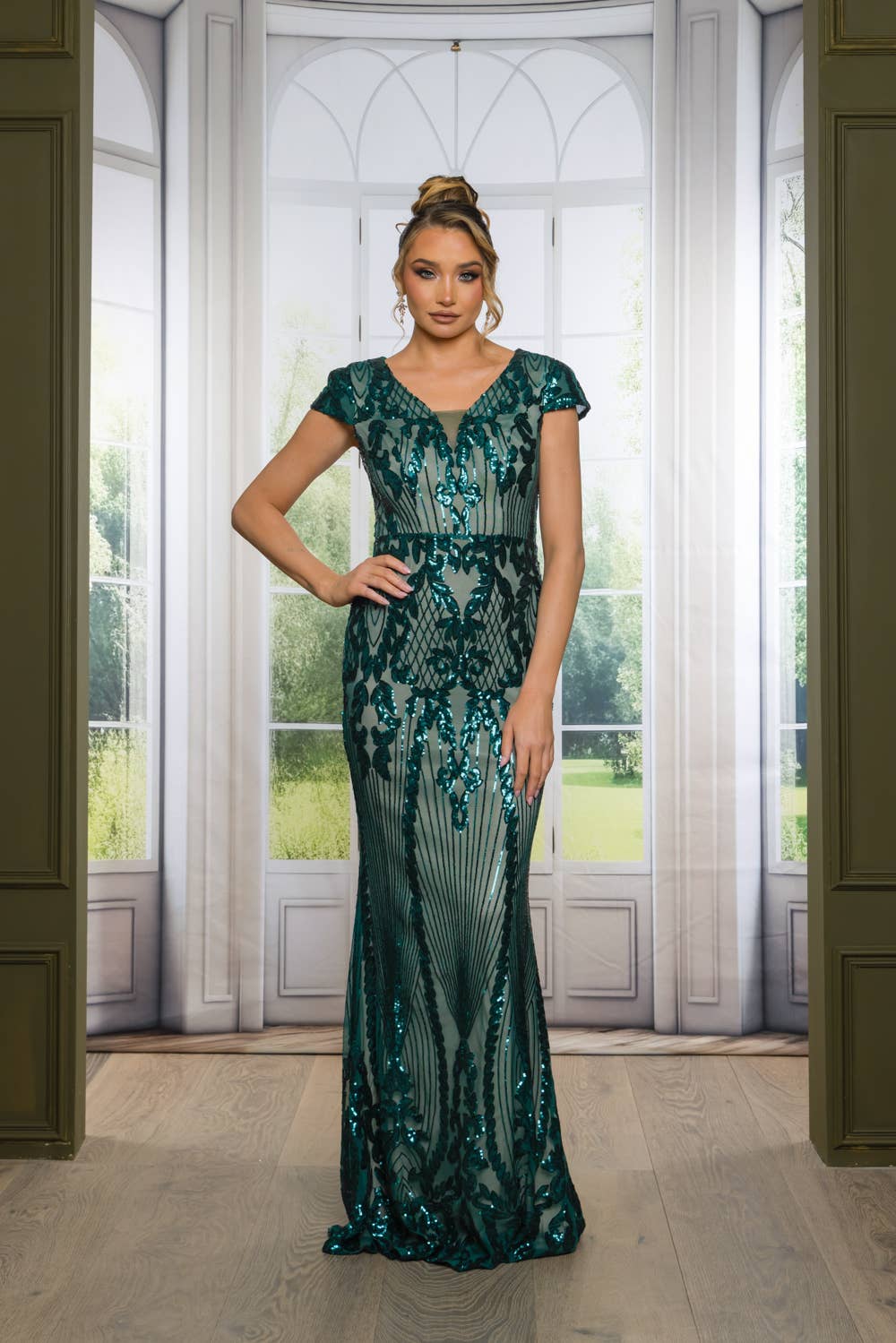 Sequin Maxi Dress with Short Cap Sleeves