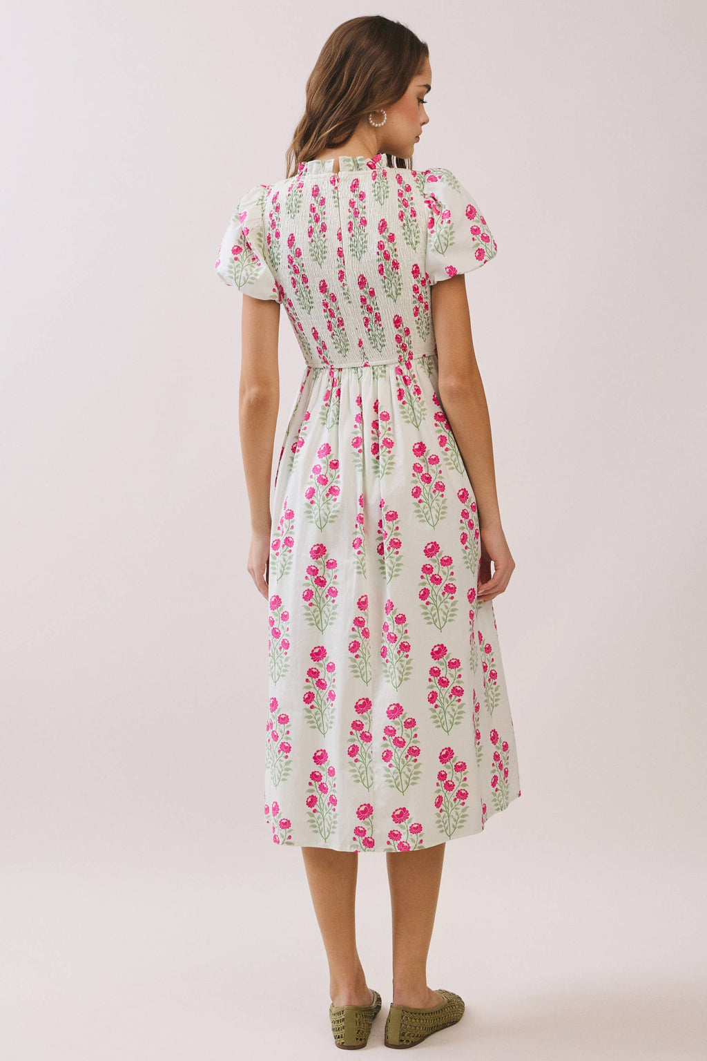 Floral Print Smocked Bodice High Neck Midi Dress