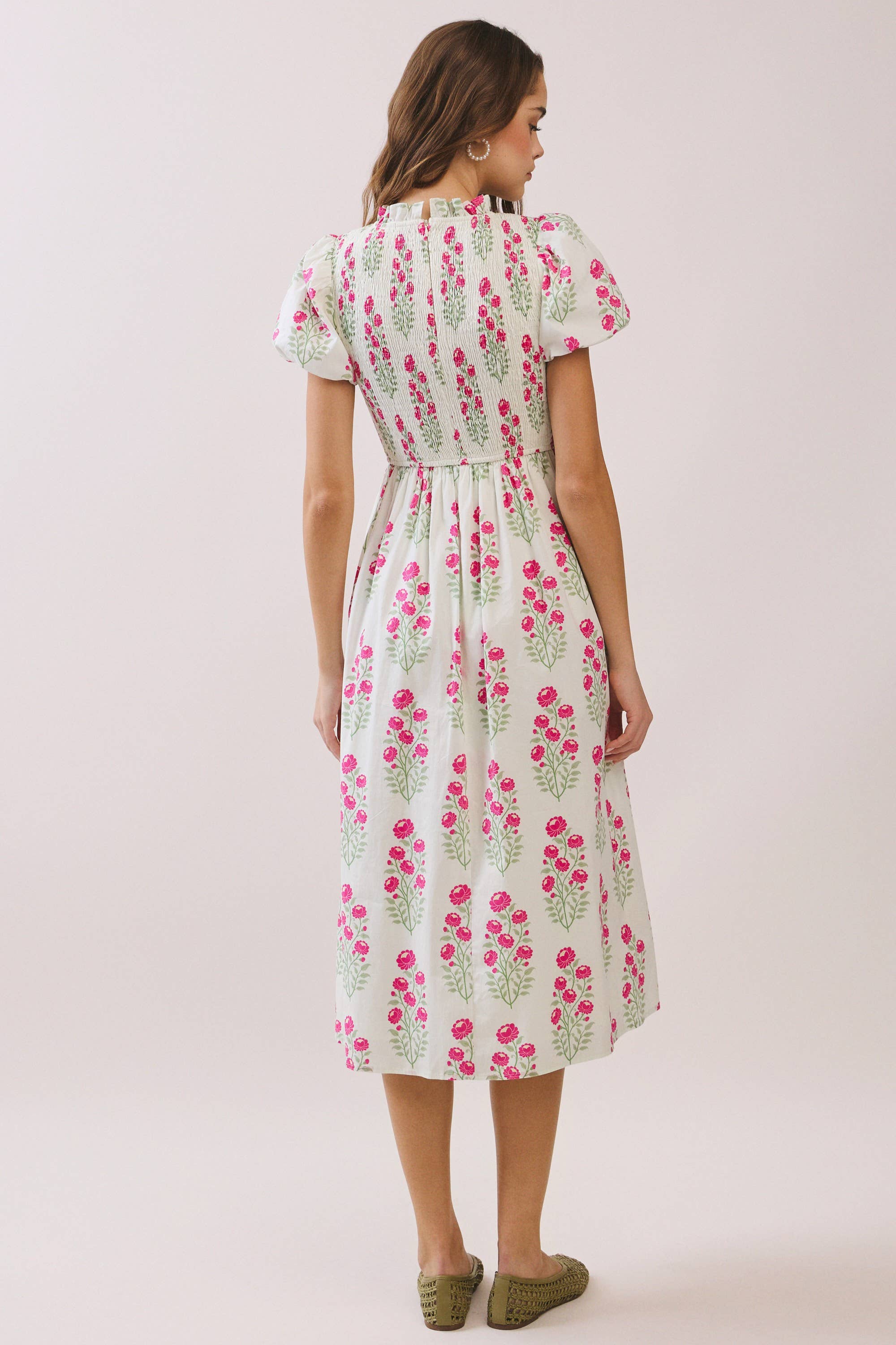 Floral Print Smocked Bodice High Neck Midi Dress