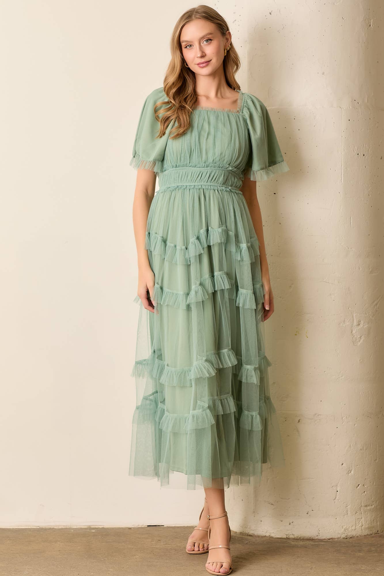 Sheer Ruffle Tiered Tulle Maxi Dress