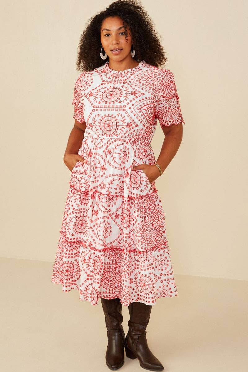Womens Eyelet Lace Scallop Sleeve Midi Dress
