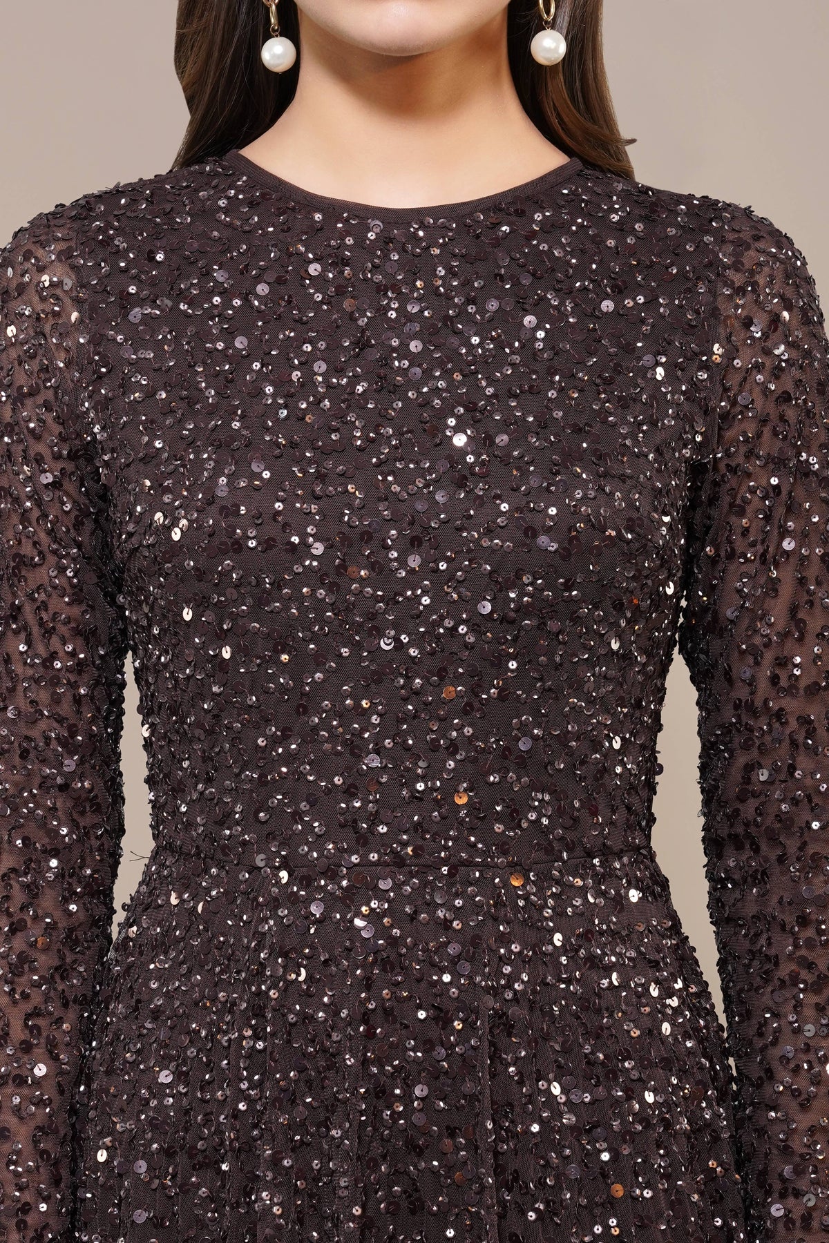 Sila Long Sleeve Embellished Maxi Dress in Coffee Brown