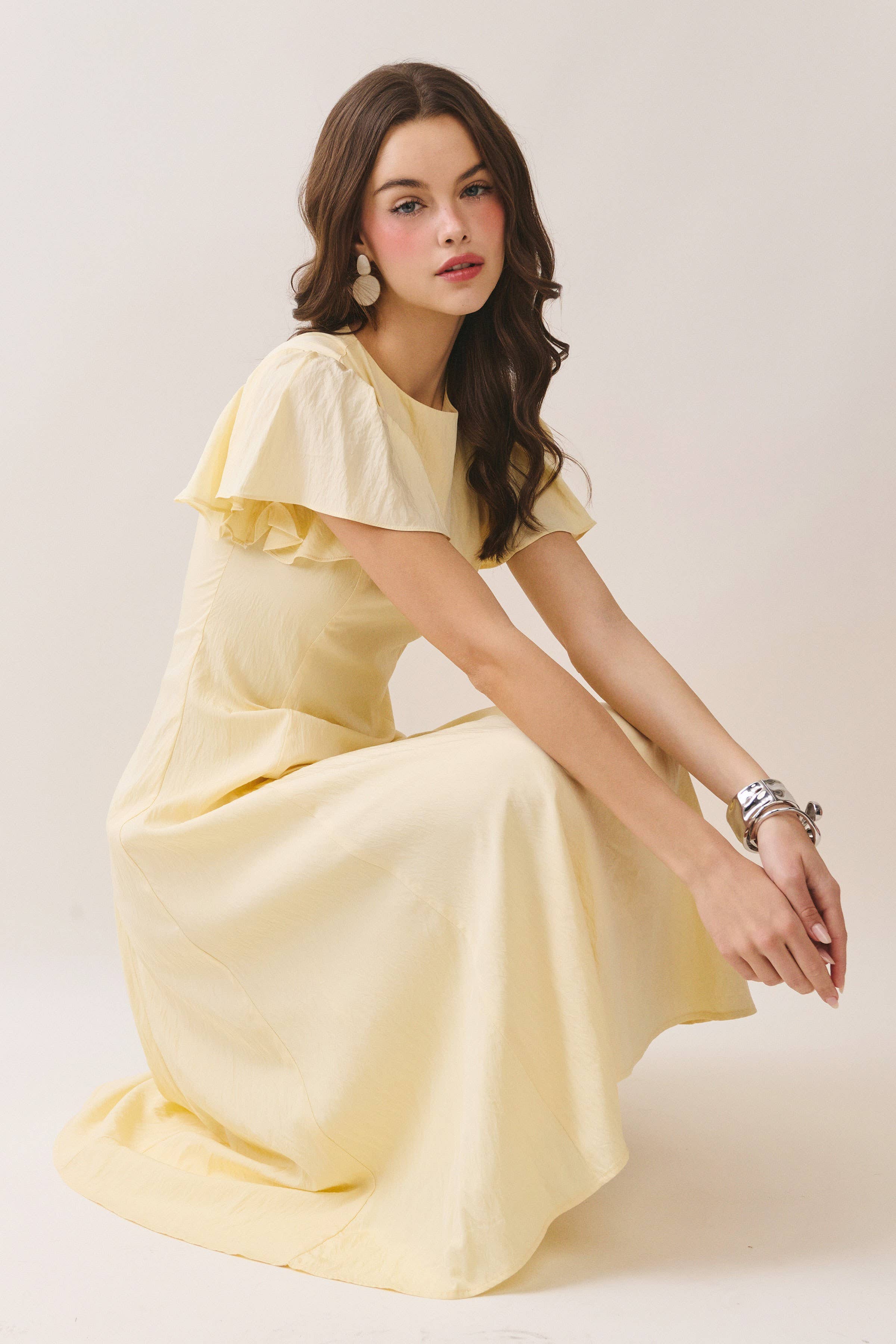 Flutter Short Sleeves Flowy Hem Midi Dress